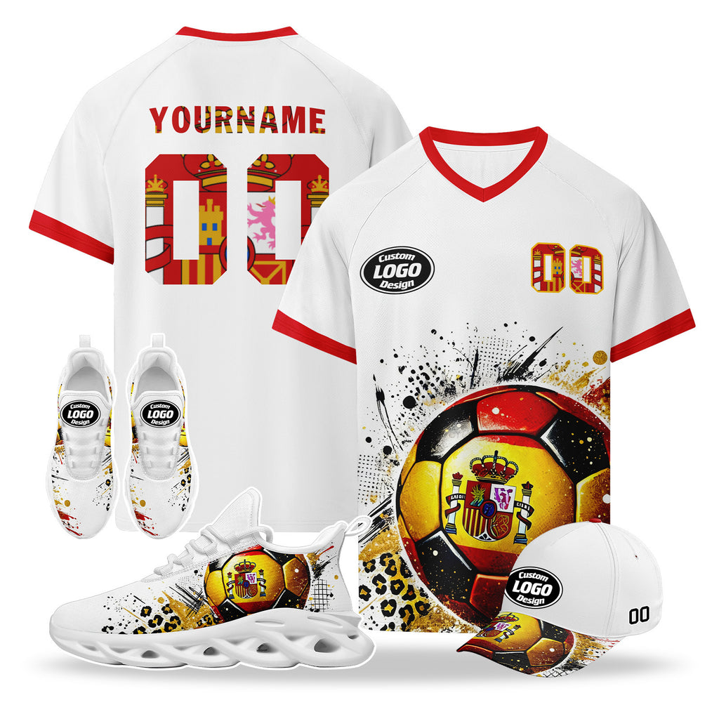 Custom 2026 World Cup Spain High Quality Soccer Stadium Version Jersey Sneakers Sports Shoes and Hat Combo Offer Personalized Team Name and Logo ZH-F025077-4