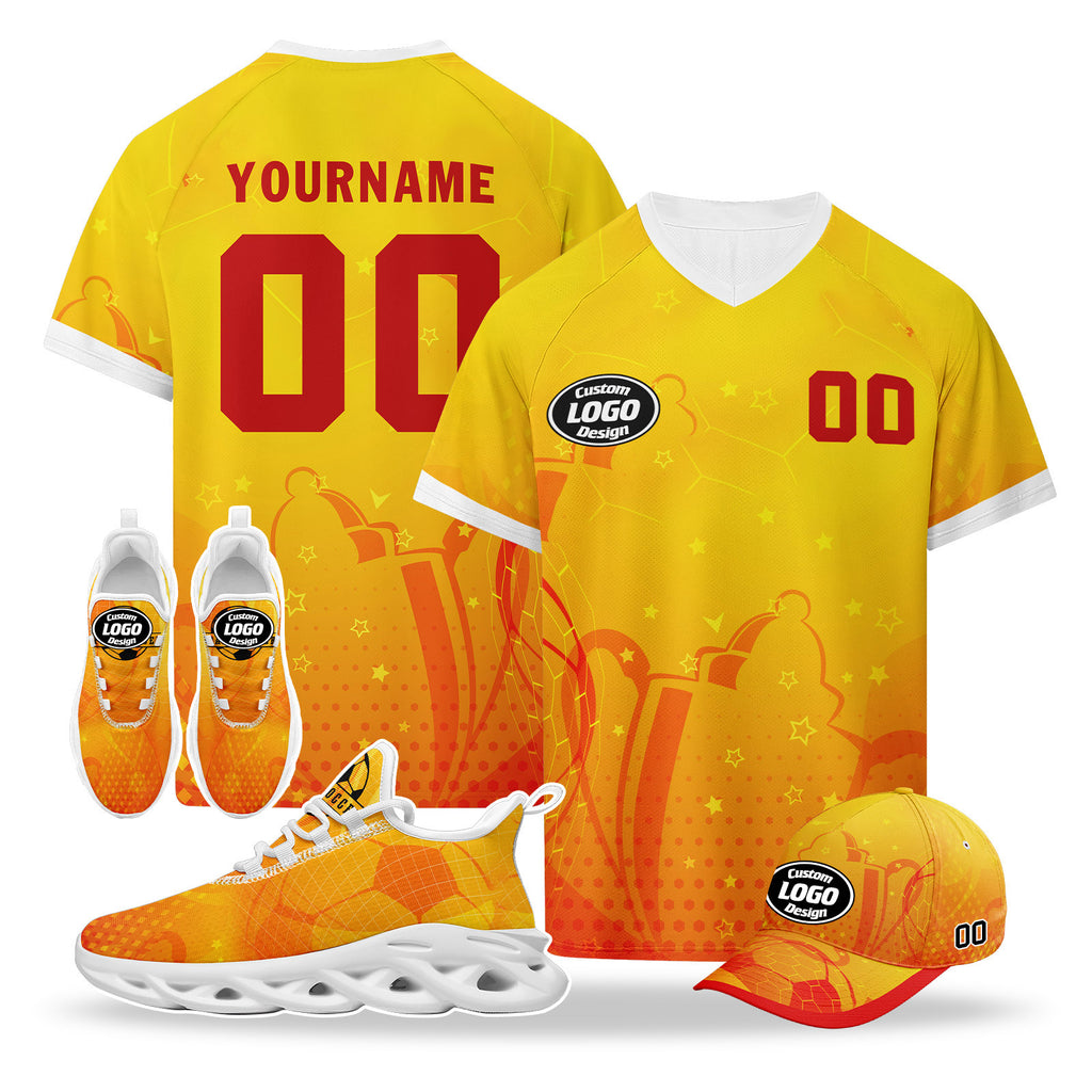 Custom 2026 World Cup Spain High Quality Soccer Stadium Version Jersey Sneakers Sports Shoes and Hat Combo Offer Personalized Team Name and Logo ZH-F025077-5