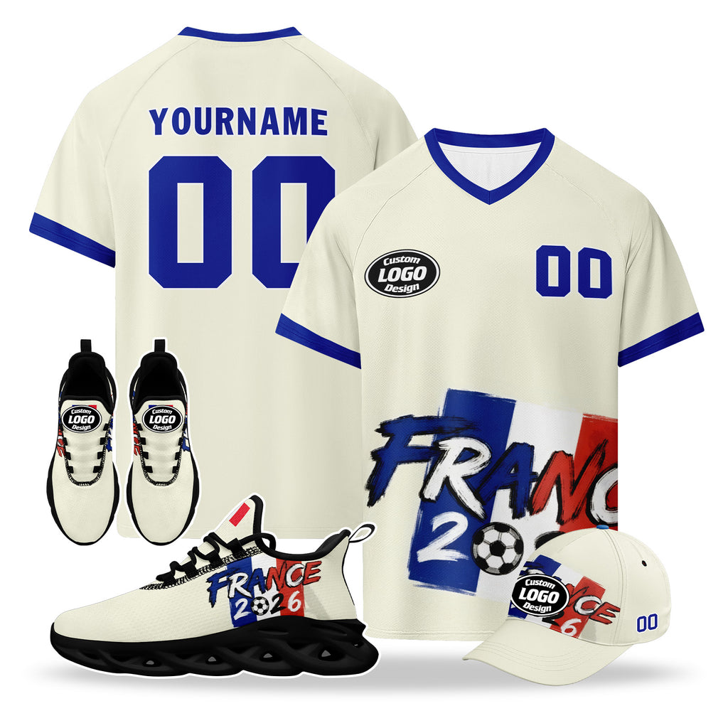 Custom 2026 World Cup France High Quality Soccer Stadium Version Jersey Sneakers Sports Shoes and Hat Combo Offer Personalized Team Name and Logo ZH-F025084-6