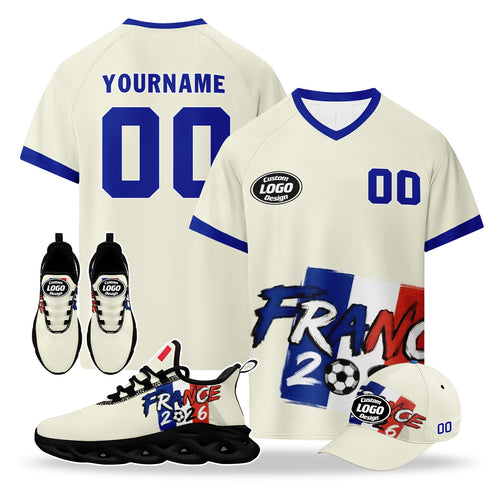 Custom 2026 World Cup France High Quality Soccer Stadium Version Jersey Sneakers Sports Shoes and Hat Combo Offer Personalized Team Name and Logo ZH-F025084-6