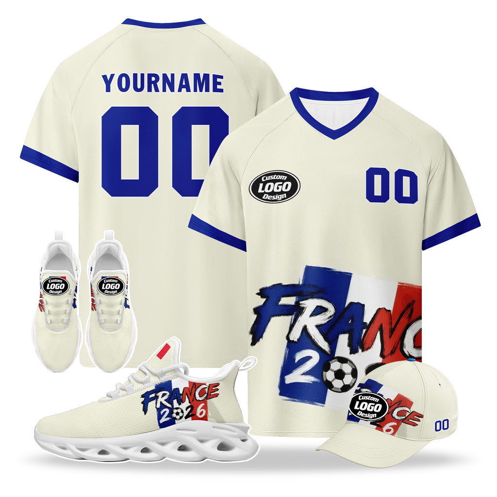 Custom 2026 World Cup France High Quality Soccer Stadium Version Jersey Sneakers Sports Shoes and Hat Combo Offer Personalized Team Name and Logo ZH-F025084-6