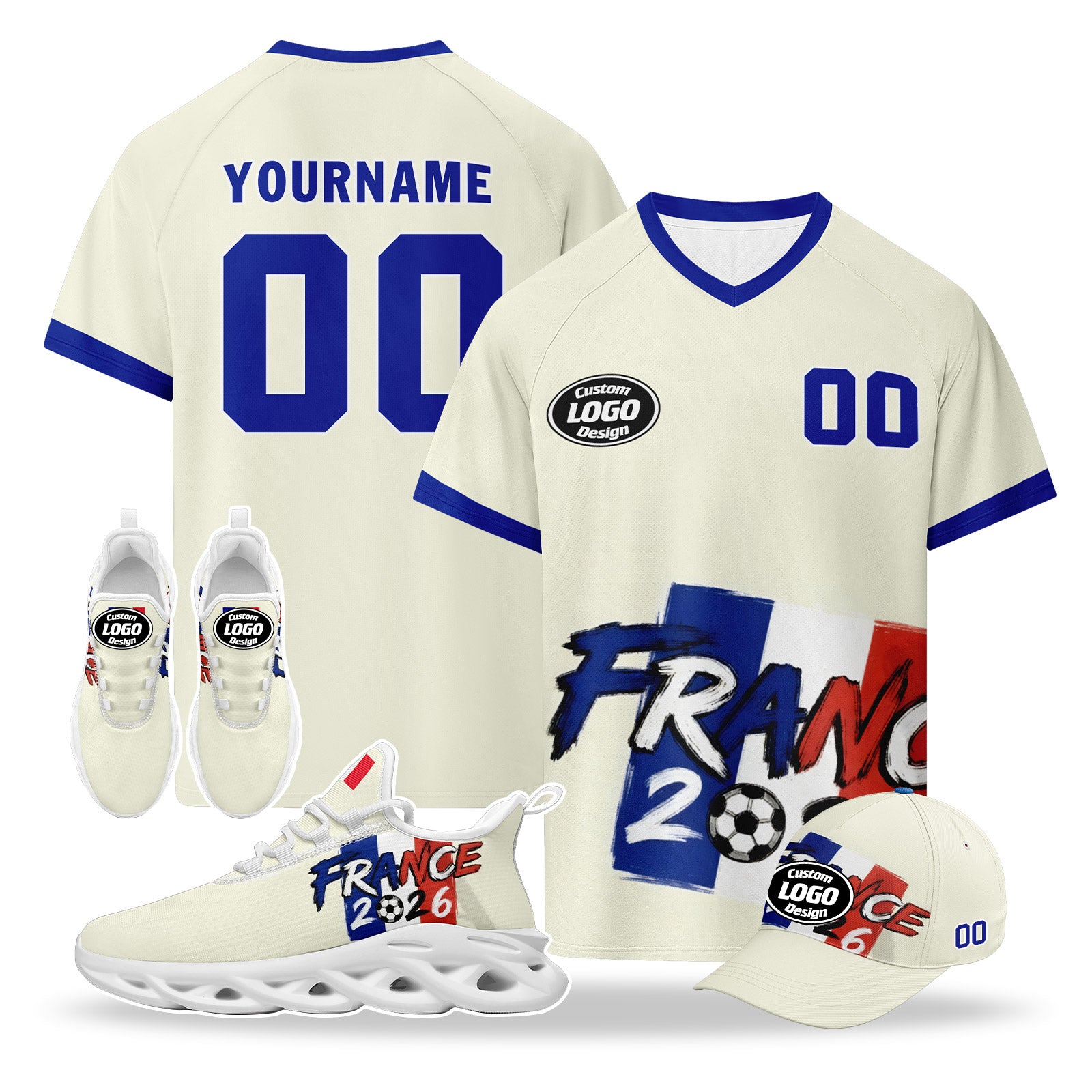 Custom 2026 World Cup France High Quality Soccer Stadium Version Jersey Sneakers Sports Shoes and Hat Combo Offer Personalized Team Name and Logo ZH-F025084-6