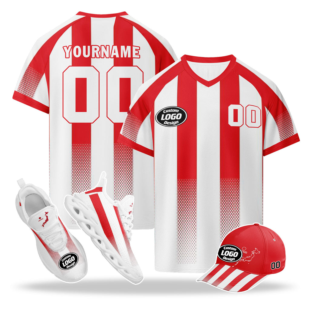 Custom Japan 2026 World Cup High Quality Soccer Stadium Version Jersey Sneakers Sports Shoes and Hat Combo Offer Personalized Team Name and Logo ZH-F025092-5