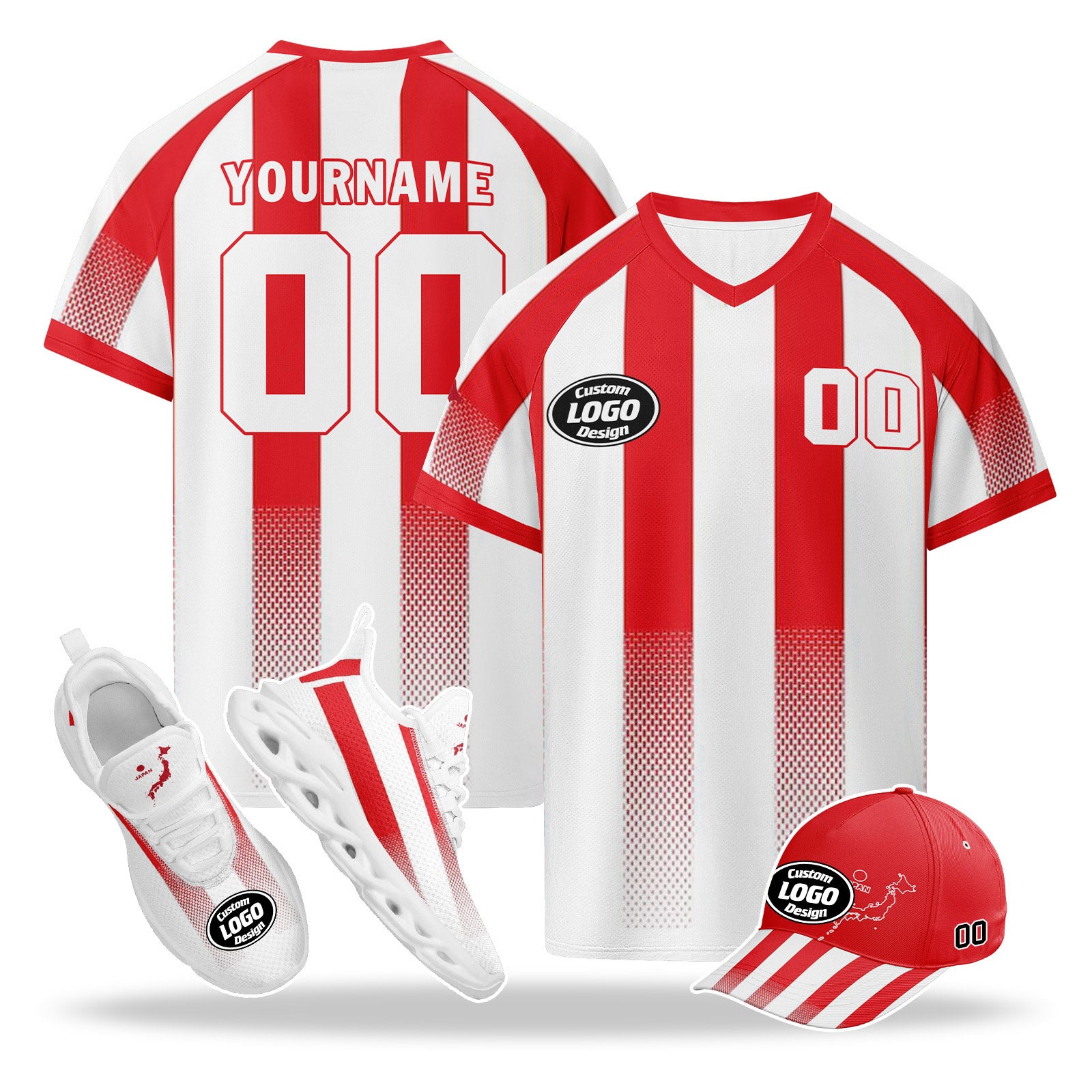 Custom Japan 2026 World Cup High Quality Soccer Stadium Version Jersey Sneakers Sports Shoes and Hat Combo Offer Personalized Team Name and Logo ZH-F025092-5