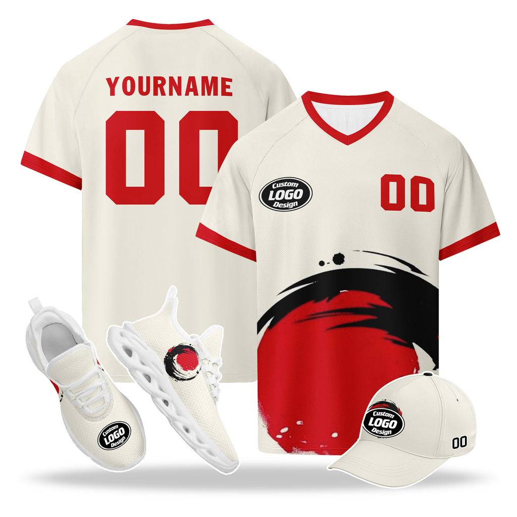 Custom Japan 2026 World Cup High Quality Soccer Stadium Version Jersey Sneakers Sports Shoes and Hat Combo Offer Personalized Team Name and Logo ZH-F025092-6