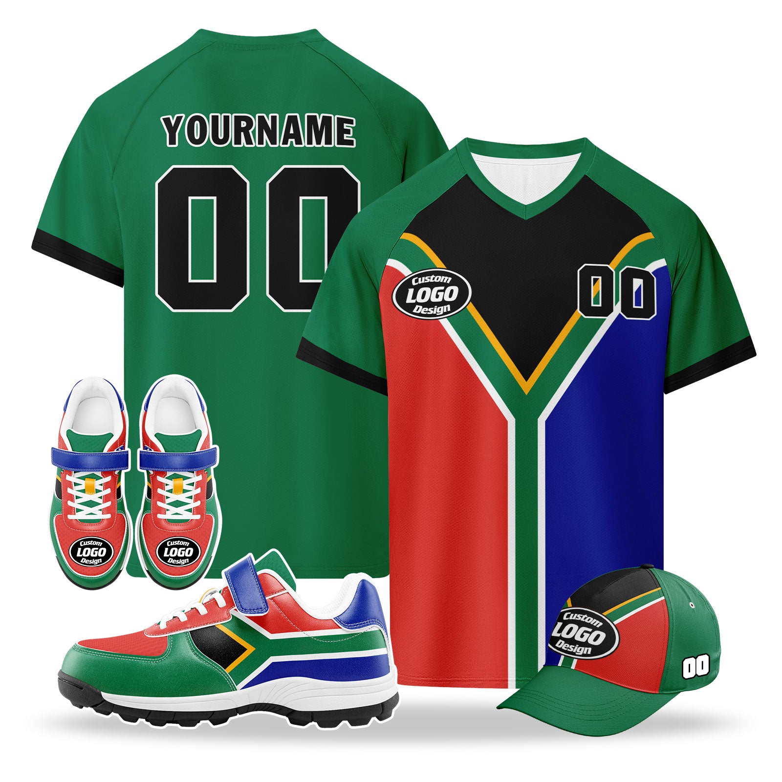 Custom South Africa 2026 World Cup High Quality Soccer Stadium Version Jersey Sneakers Sports Shoes and Hat Combo Offer Personalized Team Name and Logo ZH-F025128-1