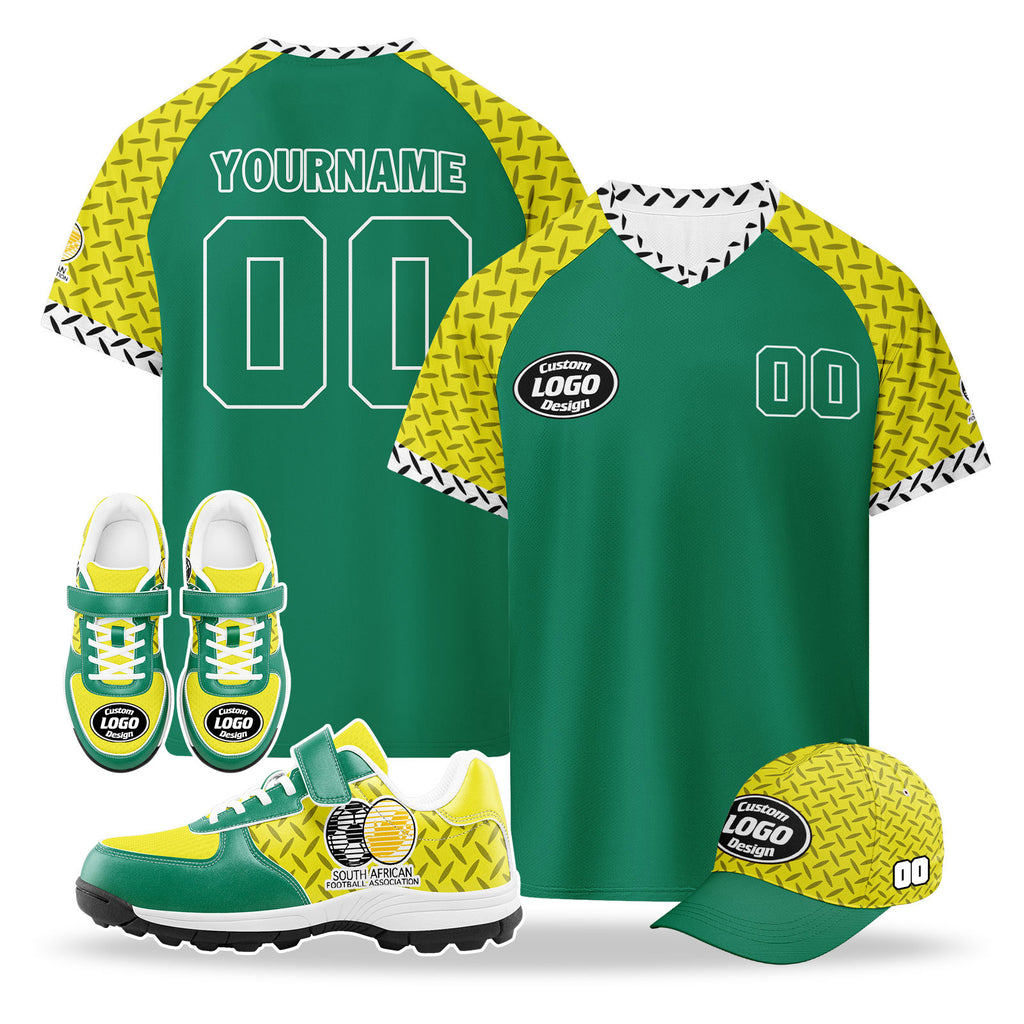 Custom South Africa 2026 World Cup High Quality Soccer Stadium Version Jersey Sneakers Sports Shoes and Hat Combo Offer Personalized Team Name and Logo ZH-F025128-4