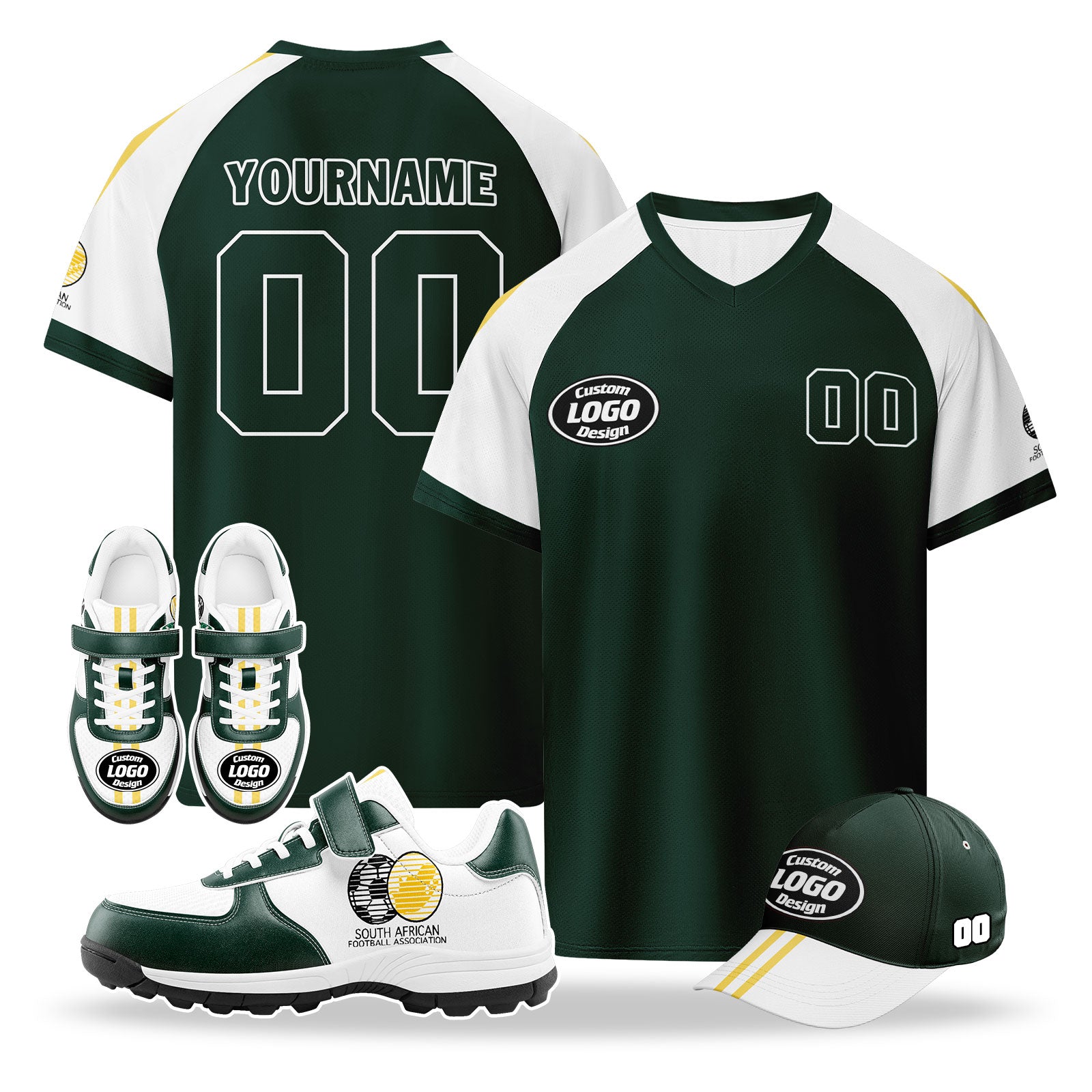 Custom South Africa 2026 World Cup High Quality Soccer Stadium Version Jersey Sneakers Sports Shoes and Hat Combo Offer Personalized Team Name and Logo ZH-F025128-5