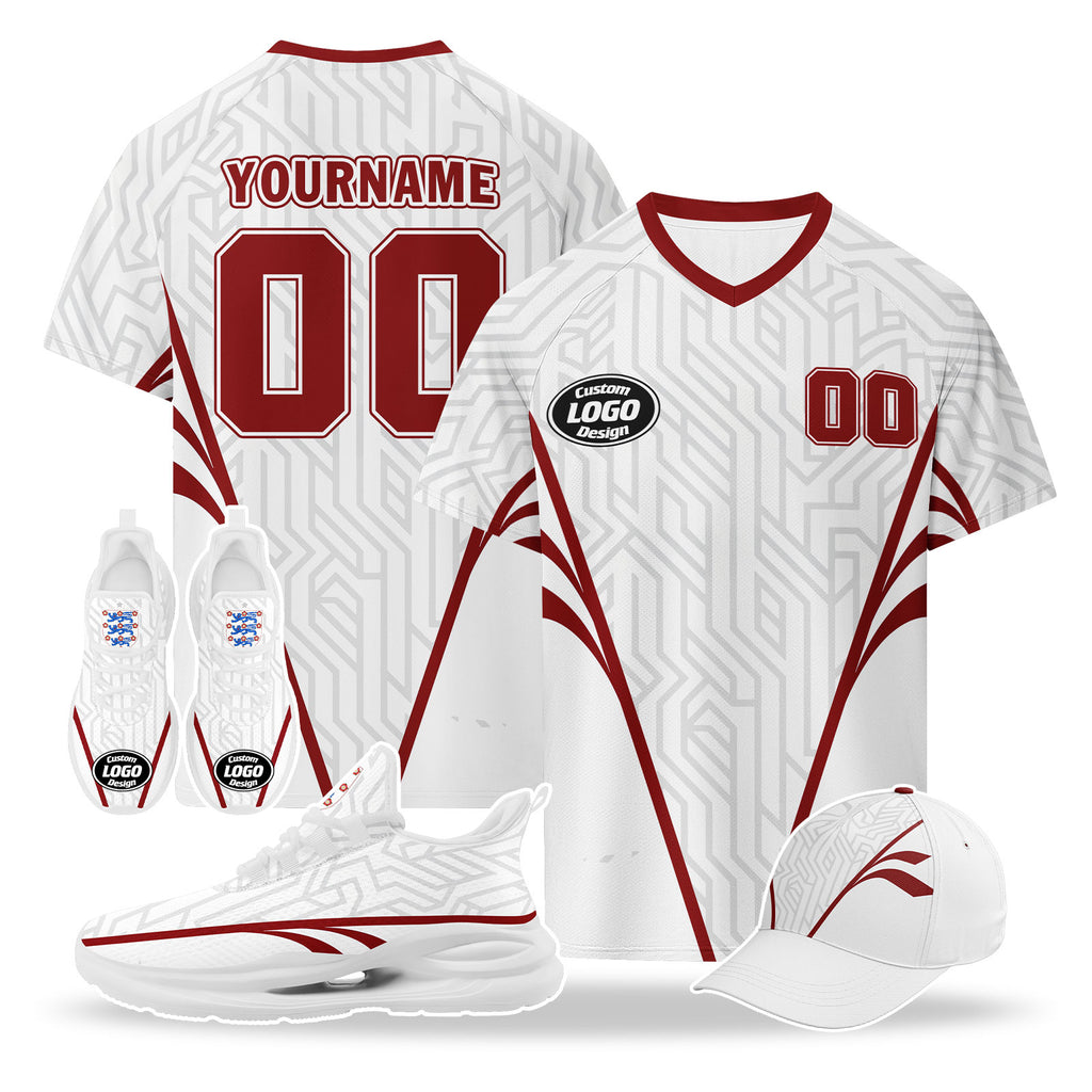 Custom England 2026 World Cup High Quality Soccer Stadium Version Jersey Sneakers Sports Shoes and Hat Combo Offer Personalized Team Name and Logo ZH-F025133-2