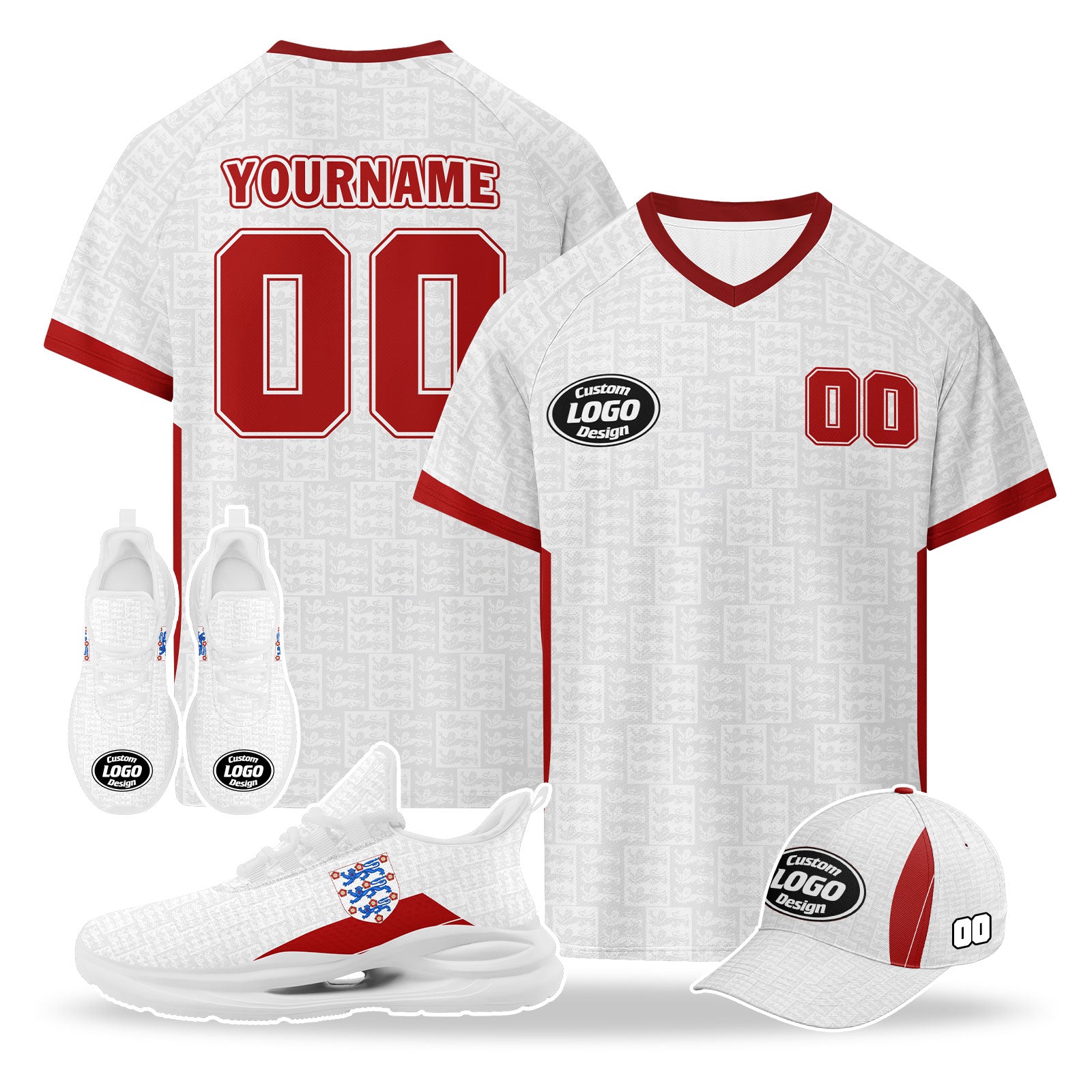 Custom England 2026 World Cup High Quality Soccer Stadium Version Jersey Sneakers Sports Shoes and Hat Combo Offer Personalized Team Name and Logo ZH-F025133-3