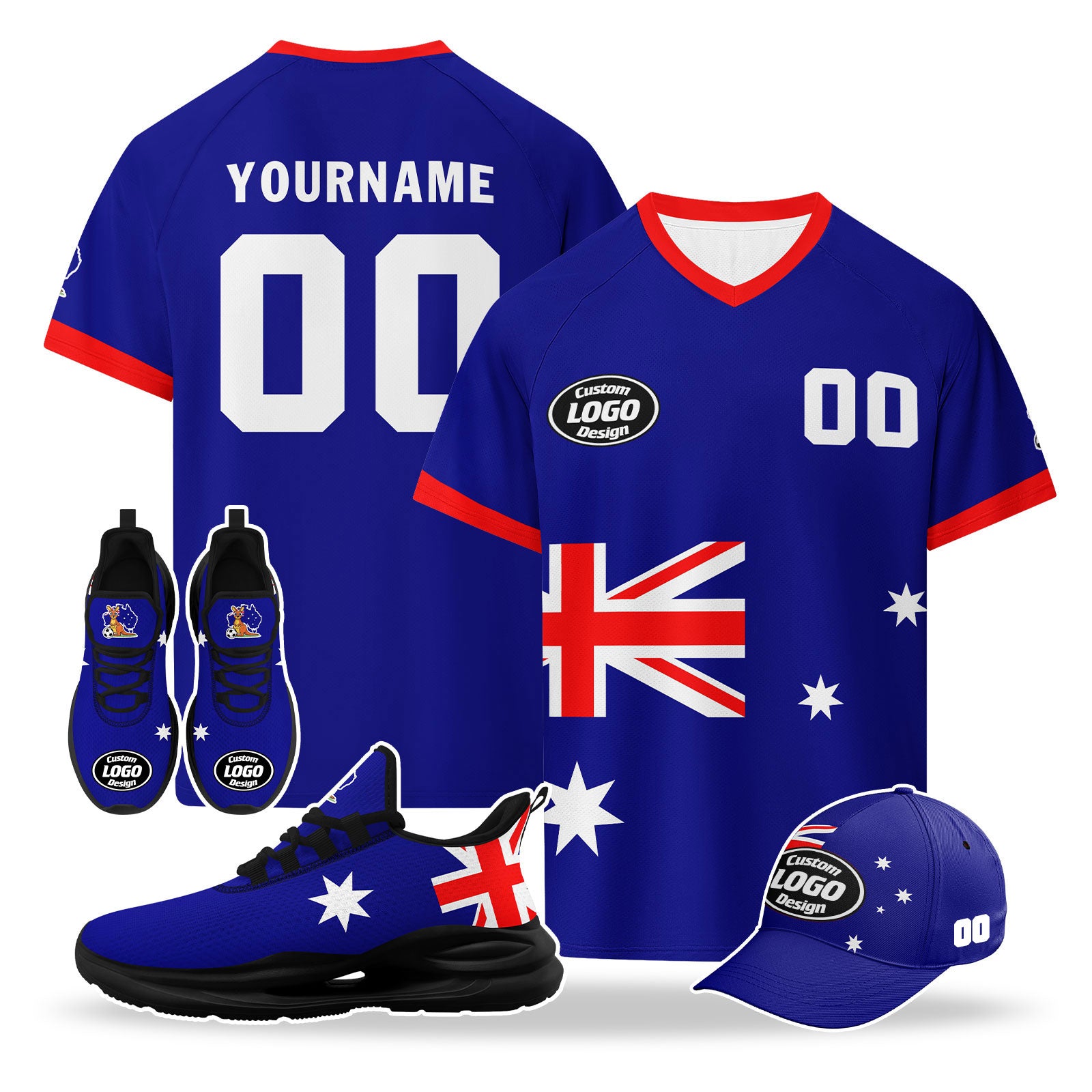 Custom Australia 2026 World Cup High Quality Soccer Stadium Version Jersey Sneakers Sports Shoes and Hat Combo Offer Personalized Team Name and Logo ZH-F025139-1