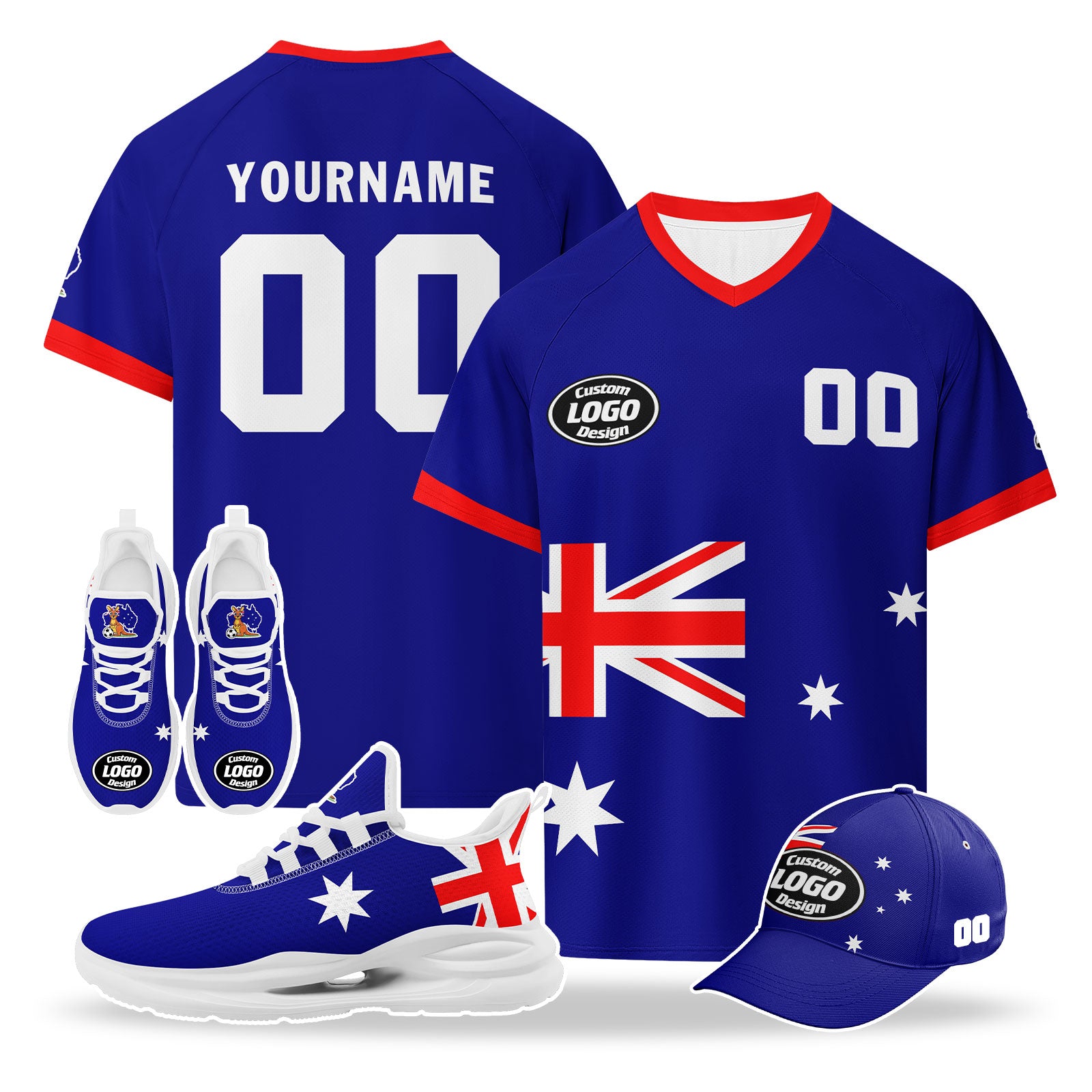 Custom Australia 2026 World Cup High Quality Soccer Stadium Version Jersey Sneakers Sports Shoes and Hat Combo Offer Personalized Team Name and Logo ZH-F025139-1