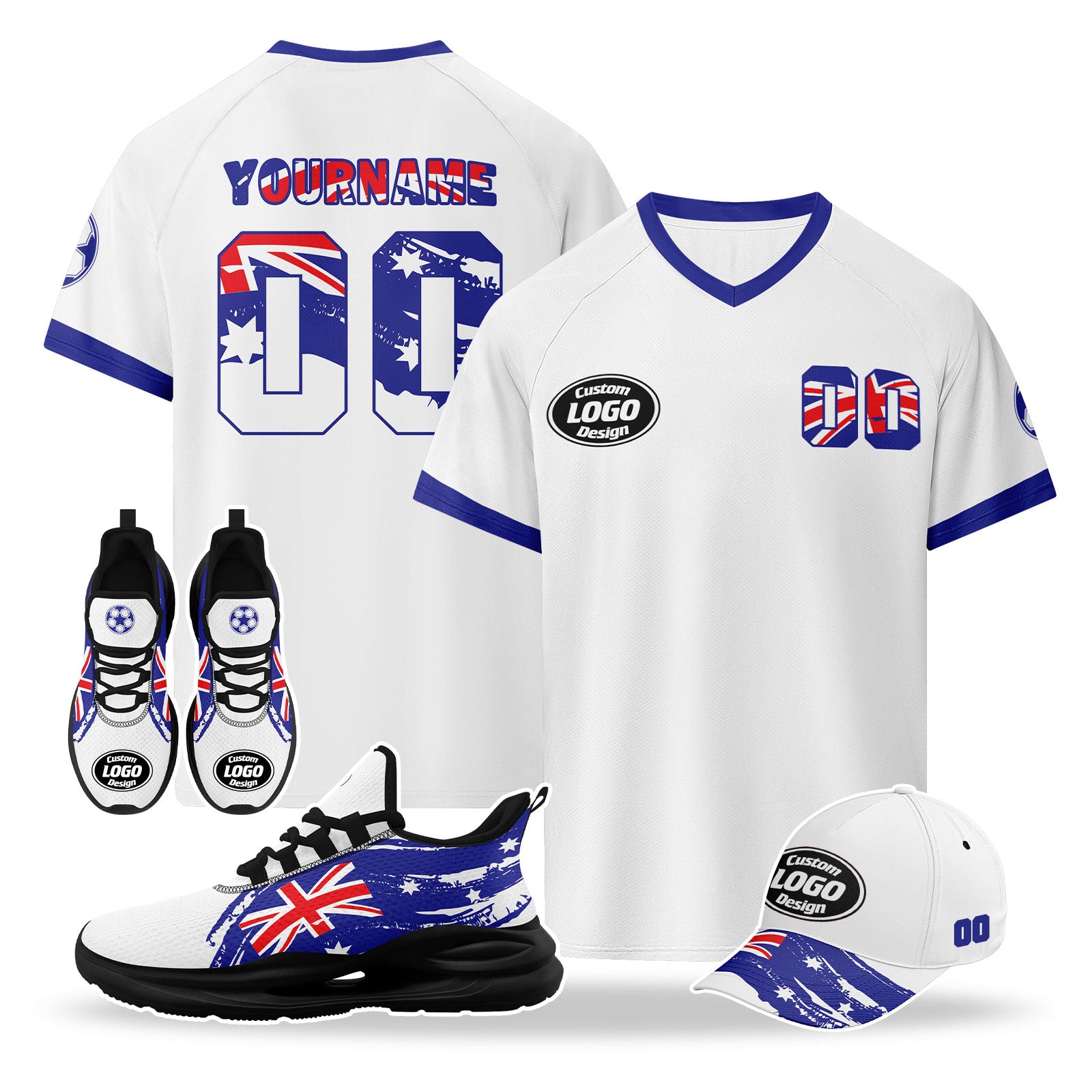 Custom Australia 2026 World Cup High Quality Soccer Stadium Version Jersey Sneakers Sports Shoes and Hat Combo Offer Personalized Team Name and Logo ZH-F025139-2