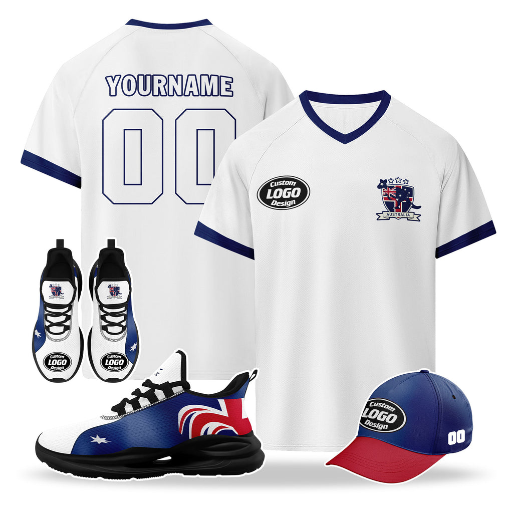 Custom Australia 2026 World Cup High Quality Soccer Stadium Version Jersey Sneakers Sports Shoes and Hat Combo Offer Personalized Team Name and Logo ZH-F025139-5