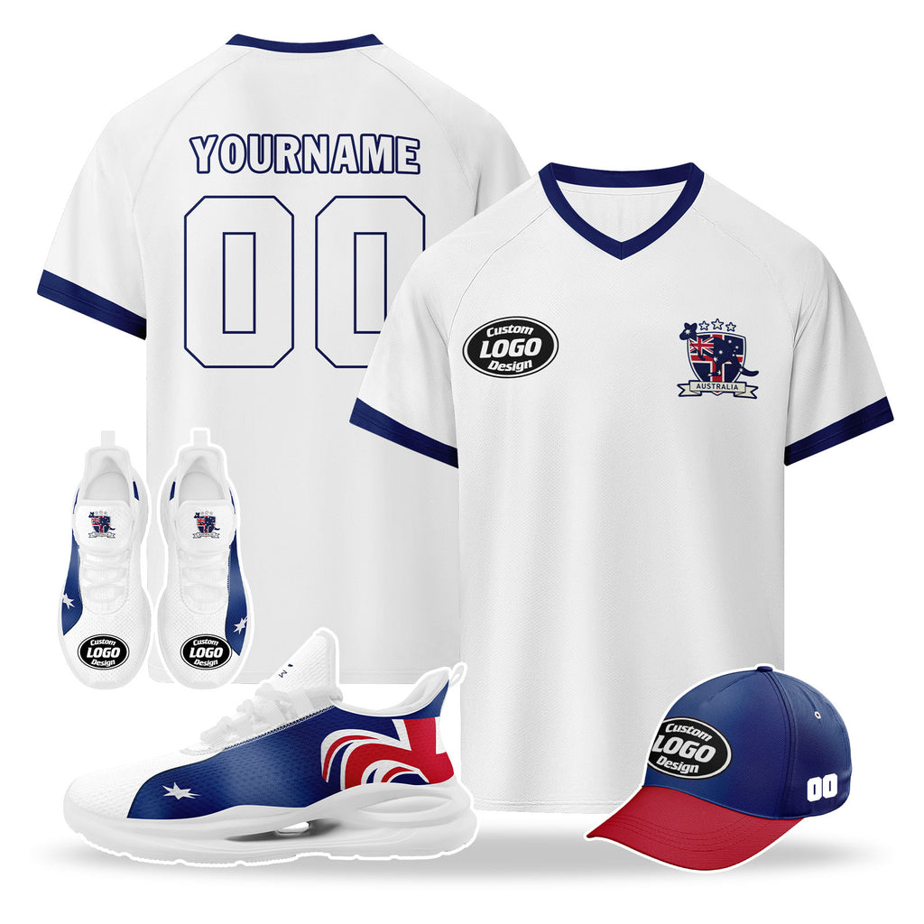 Custom Australia 2026 World Cup High Quality Soccer Stadium Version Jersey Sneakers Sports Shoes and Hat Combo Offer Personalized Team Name and Logo ZH-F025139-5