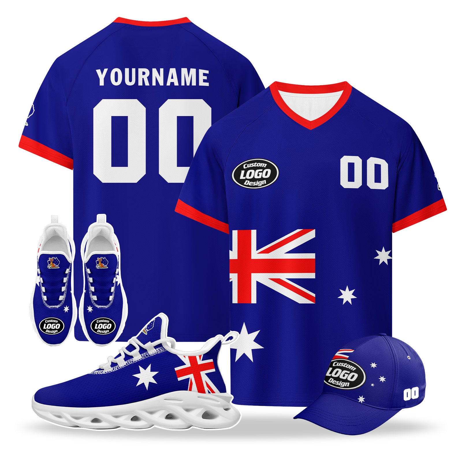 Custom Australia 2026 World Cup High Quality Soccer Stadium Version Jersey Sneakers Sports Shoes and Hat Combo Offer Personalized Team Name and Logo ZH-F025140-1