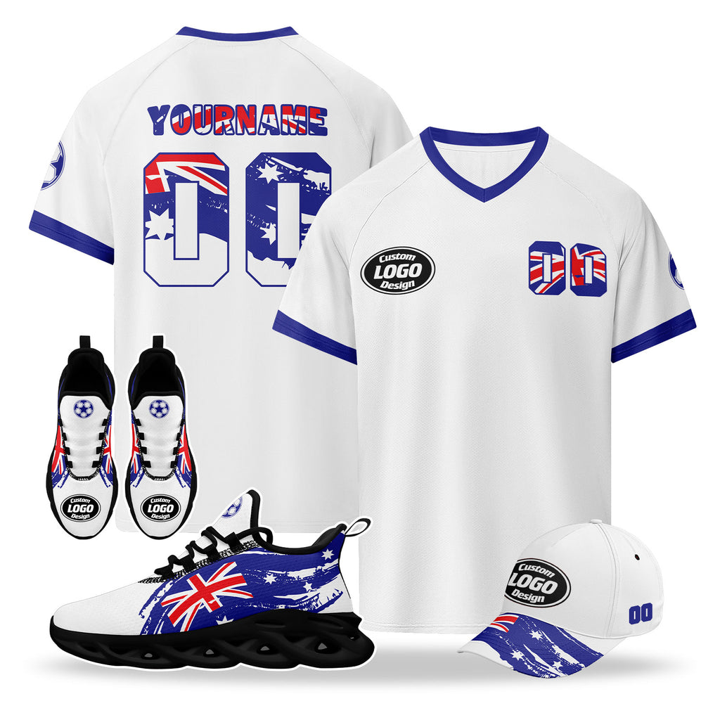 Custom Australia 2026 World Cup High Quality Soccer Stadium Version Jersey Sneakers Sports Shoes and Hat Combo Offer Personalized Team Name and Logo ZH-F025140-2