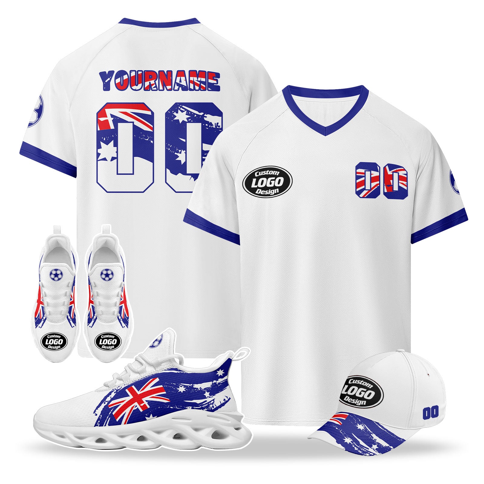 Custom Australia 2026 World Cup High Quality Soccer Stadium Version Jersey Sneakers Sports Shoes and Hat Combo Offer Personalized Team Name and Logo ZH-F025140-2