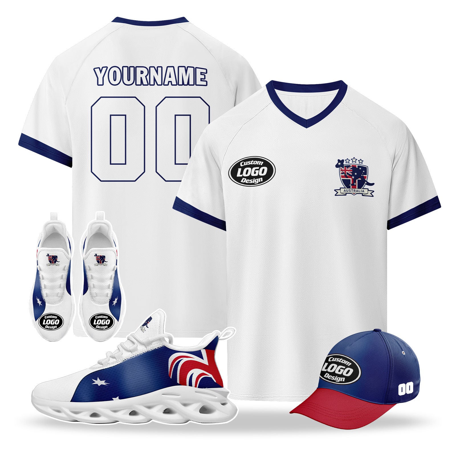 Custom Australia 2026 World Cup High Quality Soccer Stadium Version Jersey Sneakers Sports Shoes and Hat Combo Offer Personalized Team Name and Logo ZH-F025140-5