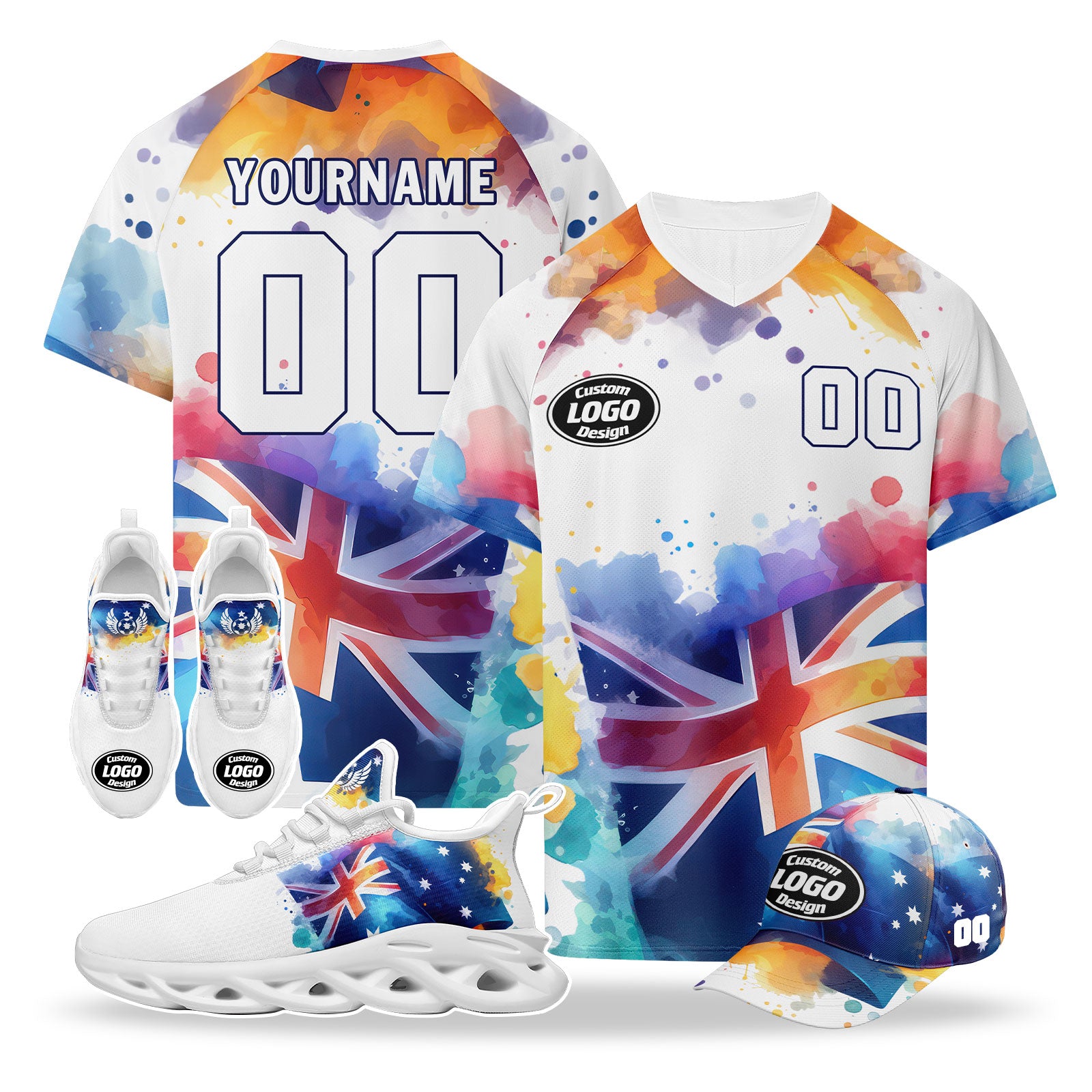 Custom Australia 2026 World Cup High Quality Soccer Stadium Version Jersey Sneakers Sports Shoes and Hat Combo Offer Personalized Team Name and Logo ZH-F025140-6
