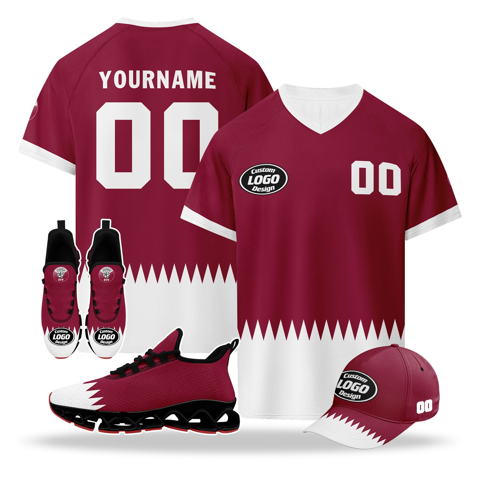 Custom Qatar 2026 World Cup High Quality Soccer Stadium Version Jersey Sneakers Sports Shoes and Hat Combo Offer Personalized Team Name and Logo ZH-F025144-1