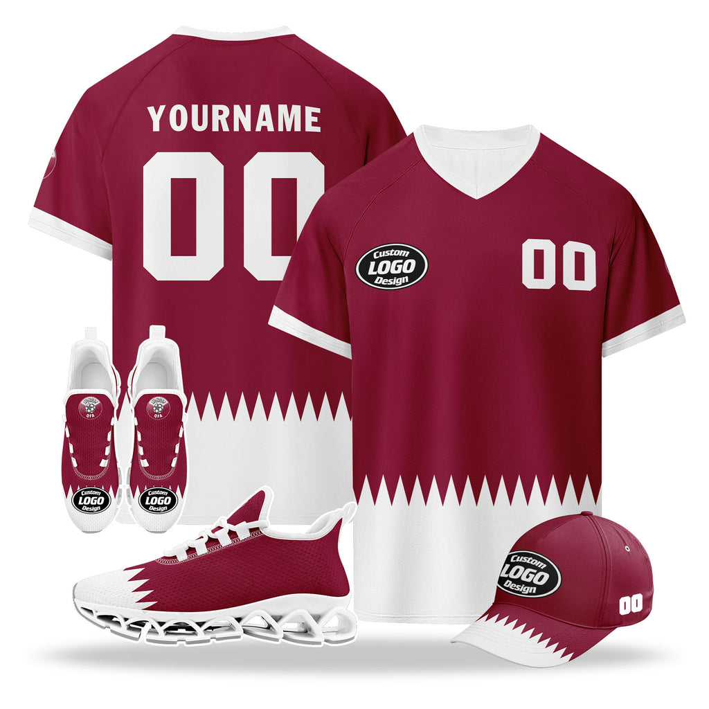 Custom Qatar 2026 World Cup High Quality Soccer Stadium Version Jersey Sneakers Sports Shoes and Hat Combo Offer Personalized Team Name and Logo ZH-F025144-1