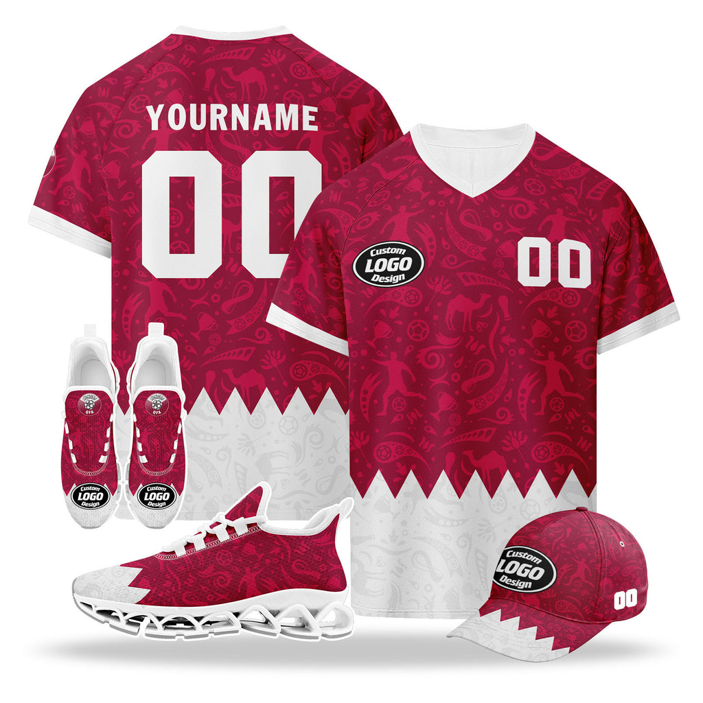 Custom Qatar 2026 World Cup High Quality Soccer Stadium Version Jersey Sneakers Sports Shoes and Hat Combo Offer Personalized Team Name and Logo ZH-F025144-2