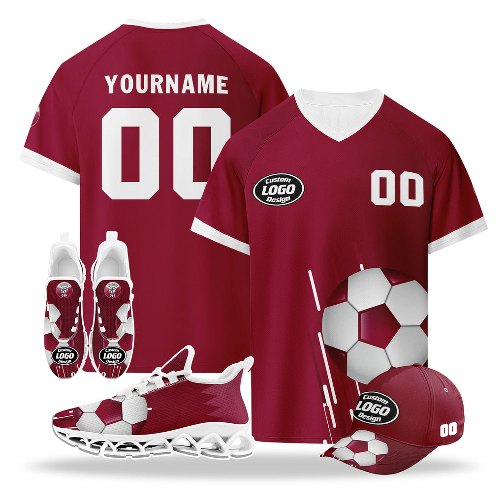 Custom Qatar 2026 World Cup High Quality Soccer Stadium Version Jersey Sneakers Sports Shoes and Hat Combo Offer Personalized Team Name and Logo ZH-F025144-3