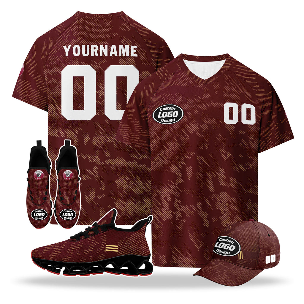 Custom Qatar 2026 World Cup High Quality Soccer Stadium Version Jersey Sneakers Sports Shoes and Hat Combo Offer Personalized Team Name and Logo ZH-F025144-5