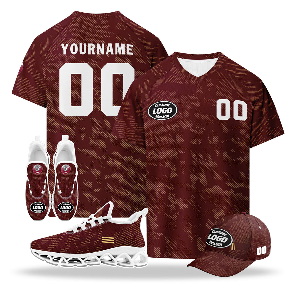 Custom Qatar 2026 World Cup High Quality Soccer Stadium Version Jersey Sneakers Sports Shoes and Hat Combo Offer Personalized Team Name and Logo ZH-F025144-5