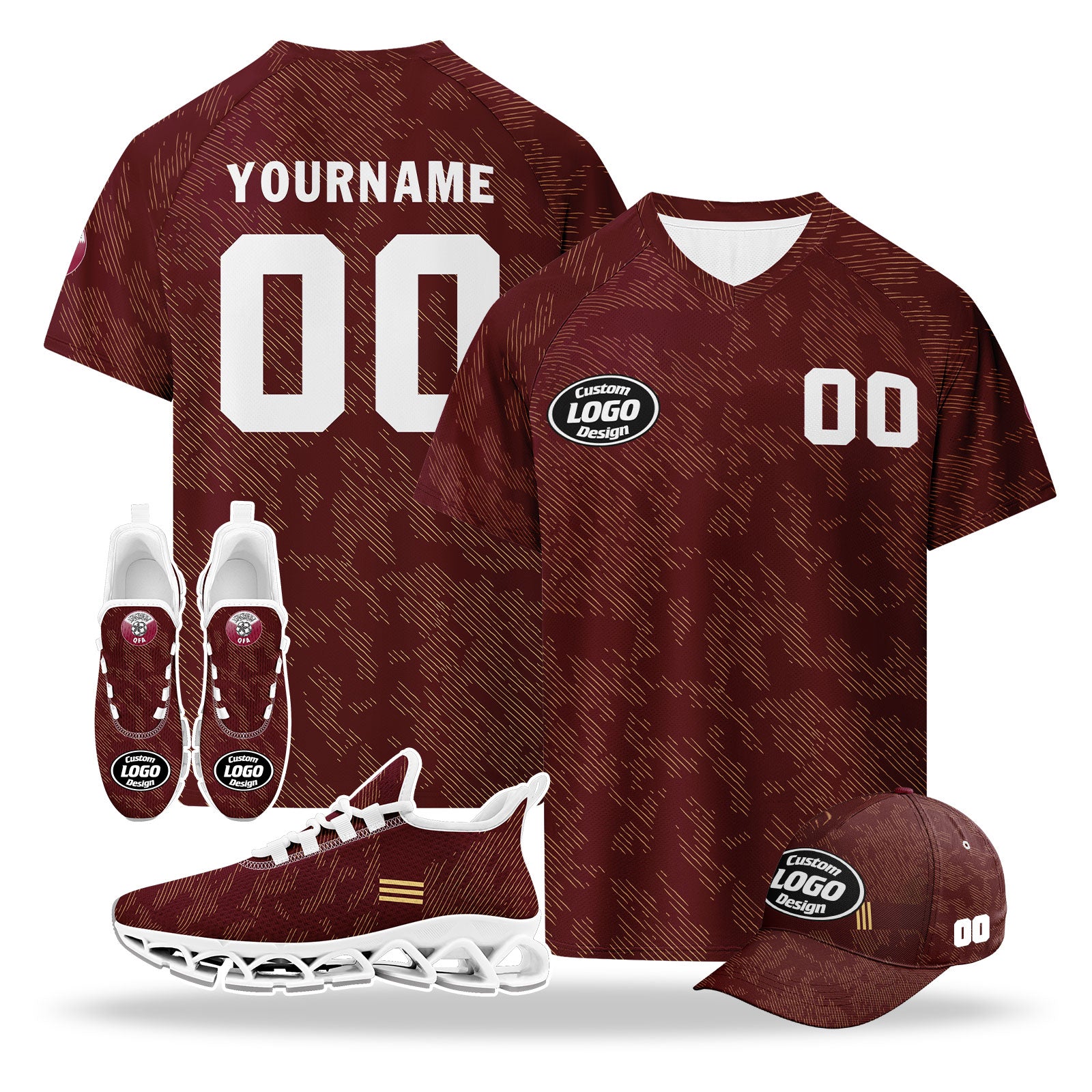 Custom Qatar 2026 World Cup High Quality Soccer Stadium Version Jersey Sneakers Sports Shoes and Hat Combo Offer Personalized Team Name and Logo ZH-F025144-5