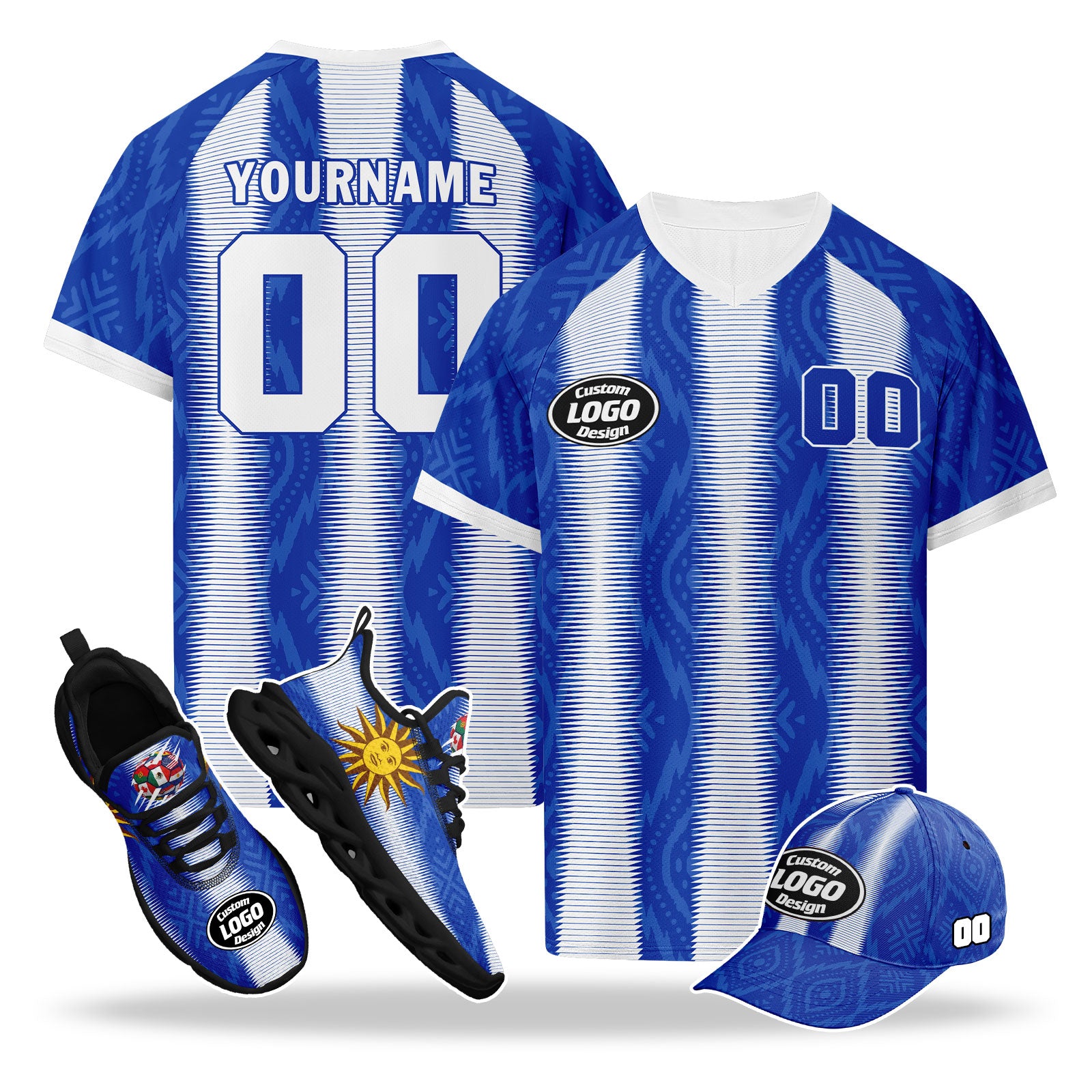 Custom Uruguay 2026 World Cup High Quality Soccer Stadium Version Jersey Sneakers Sports Shoes and Hat Combo Offer Personalized Team Name and Logo ZH-F025152-1