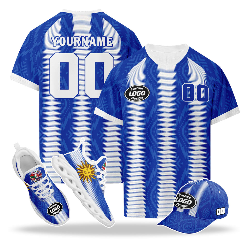 Custom Uruguay 2026 World Cup High Quality Soccer Stadium Version Jersey Sneakers Sports Shoes and Hat Combo Offer Personalized Team Name and Logo ZH-F025152-1