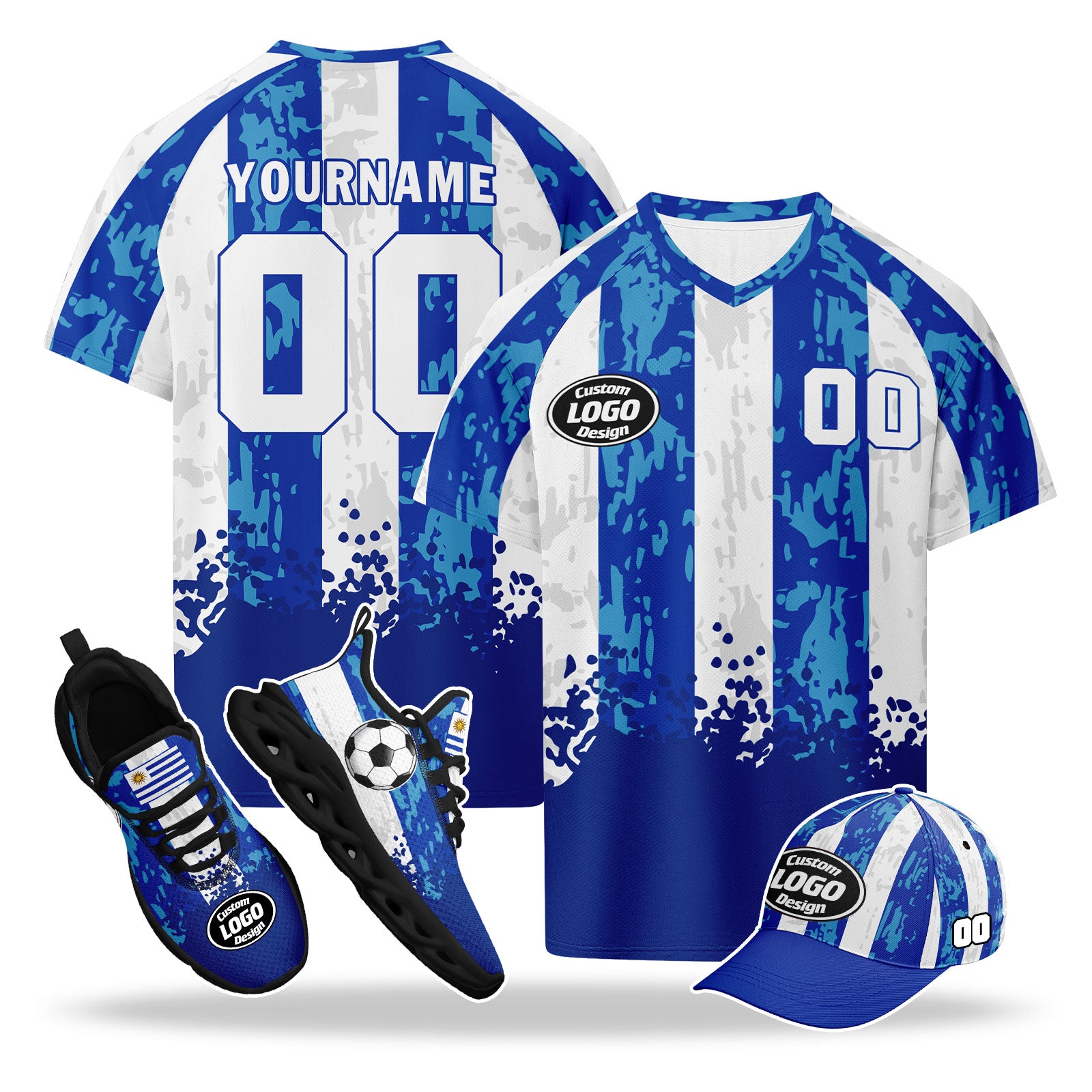 Custom Uruguay 2026 World Cup High Quality Soccer Stadium Version Jersey Sneakers Sports Shoes and Hat Combo Offer Personalized Team Name and Logo ZH-F025152-2