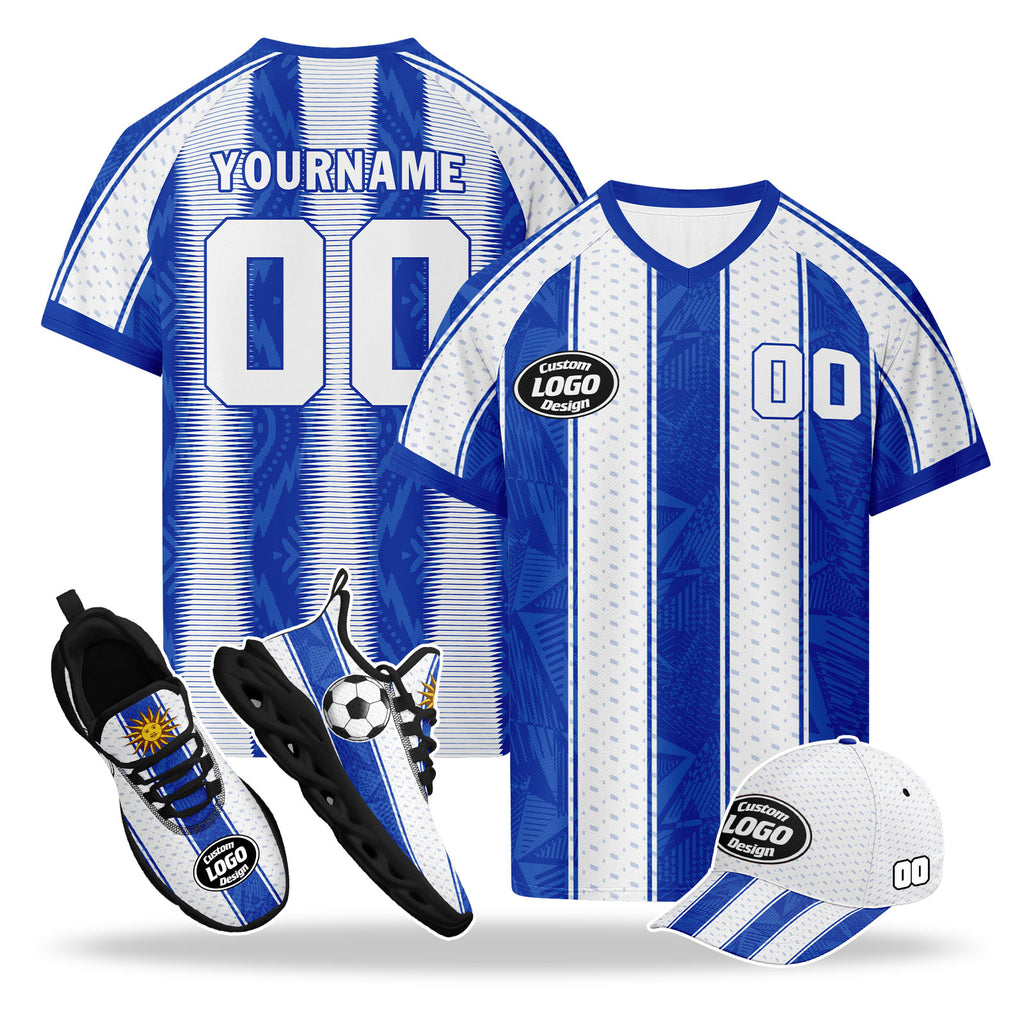 Custom Uruguay 2026 World Cup High Quality Soccer Stadium Version Jersey Sneakers Sports Shoes and Hat Combo Offer Personalized Team Name and Logo ZH-F025152-3