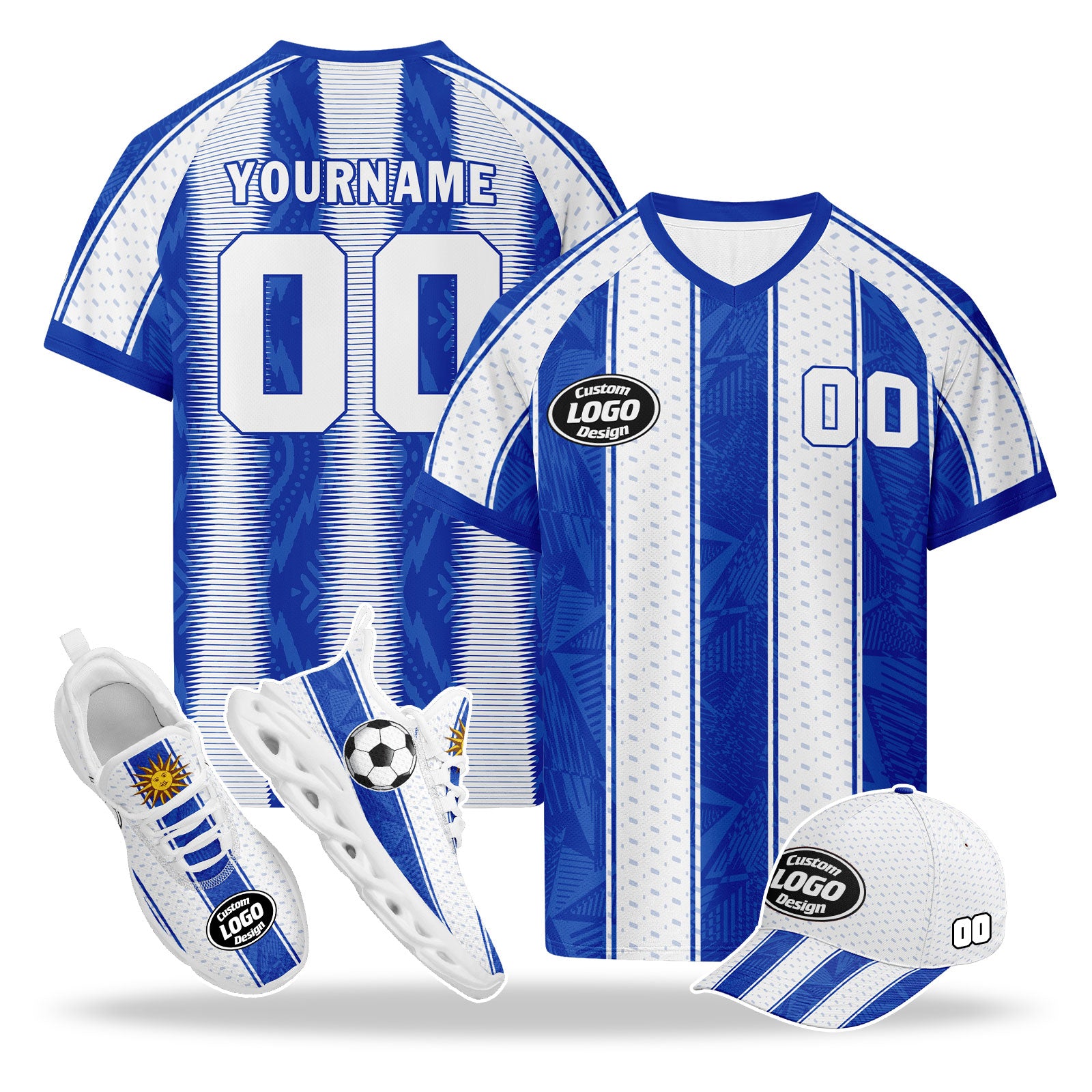 Custom Uruguay 2026 World Cup High Quality Soccer Stadium Version Jersey Sneakers Sports Shoes and Hat Combo Offer Personalized Team Name and Logo ZH-F025152-3