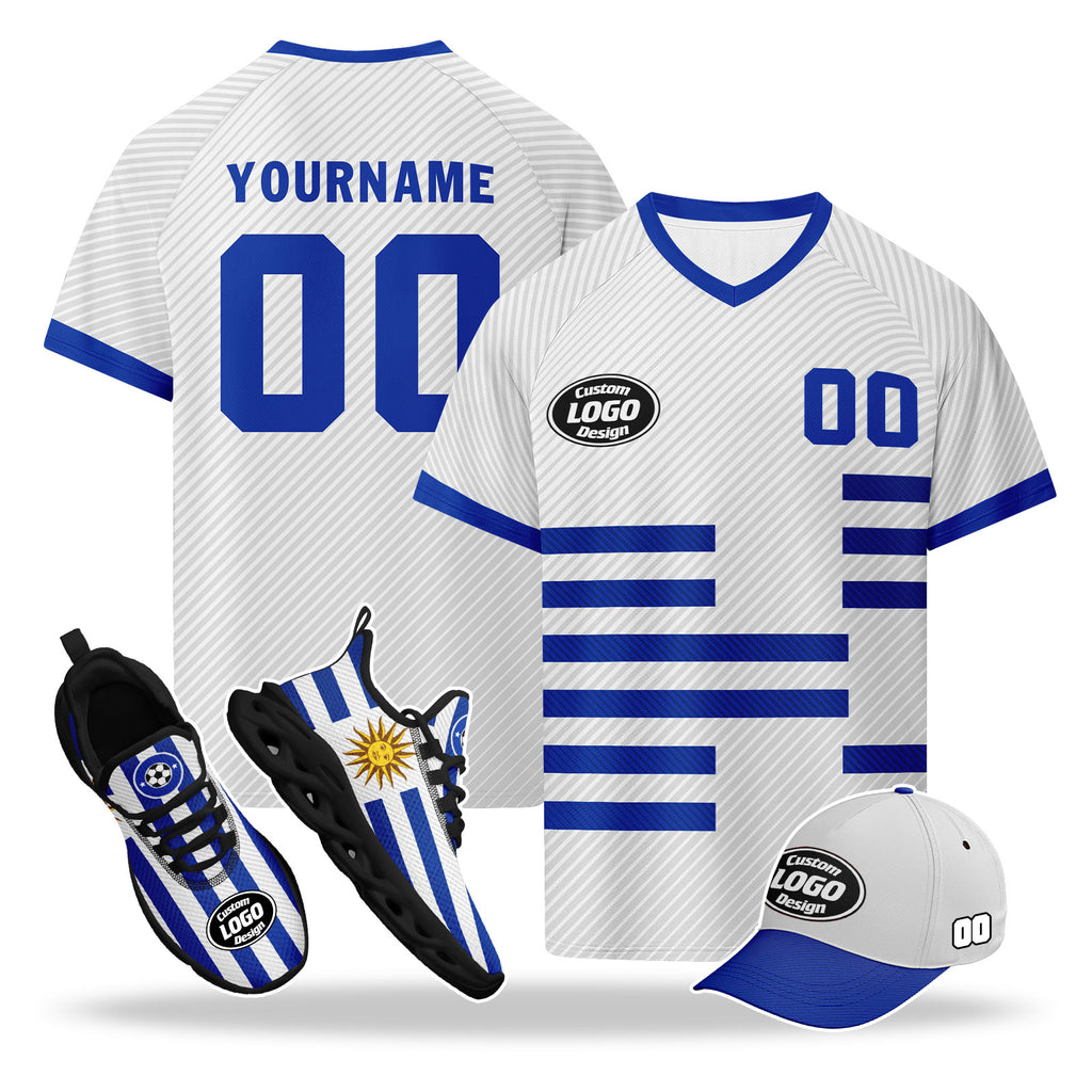 Custom Uruguay 2026 World Cup High Quality Soccer Stadium Version Jersey Sneakers Sports Shoes and Hat Combo Offer Personalized Team Name and Logo ZH-F025152-4
