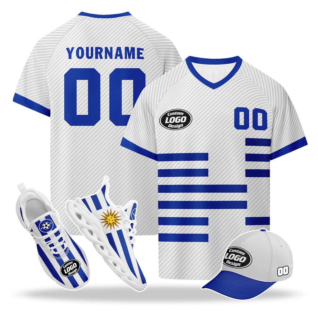 Custom Uruguay 2026 World Cup High Quality Soccer Stadium Version Jersey Sneakers Sports Shoes and Hat Combo Offer Personalized Team Name and Logo ZH-F025152-4