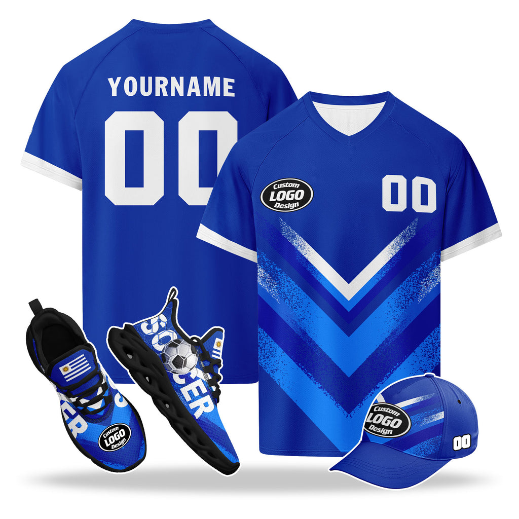 Custom Uruguay 2026 World Cup High Quality Soccer Stadium Version Jersey Sneakers Sports Shoes and Hat Combo Offer Personalized Team Name and Logo ZH-F025152-5