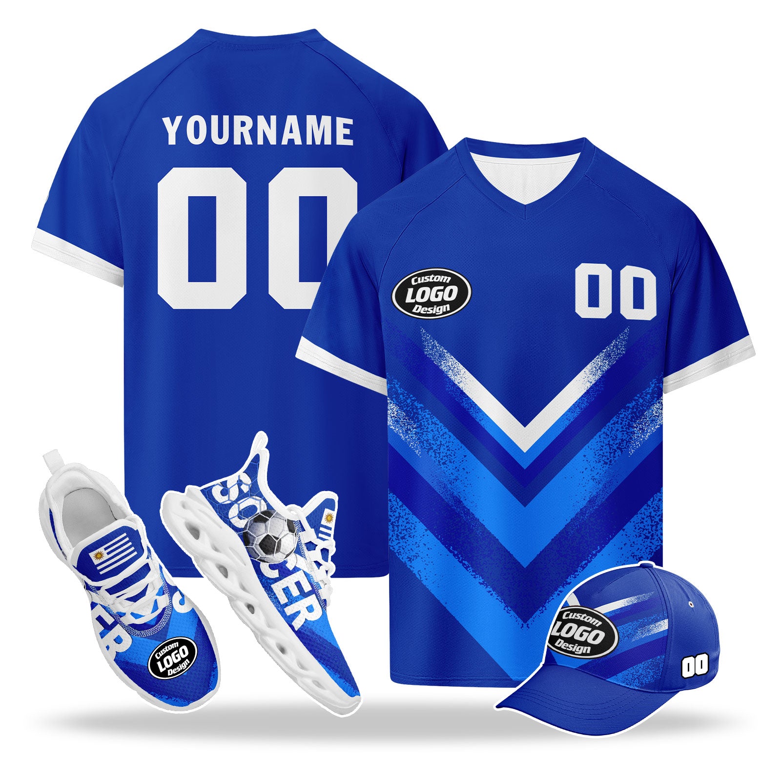 Custom Uruguay 2026 World Cup High Quality Soccer Stadium Version Jersey Sneakers Sports Shoes and Hat Combo Offer Personalized Team Name and Logo ZH-F025152-5