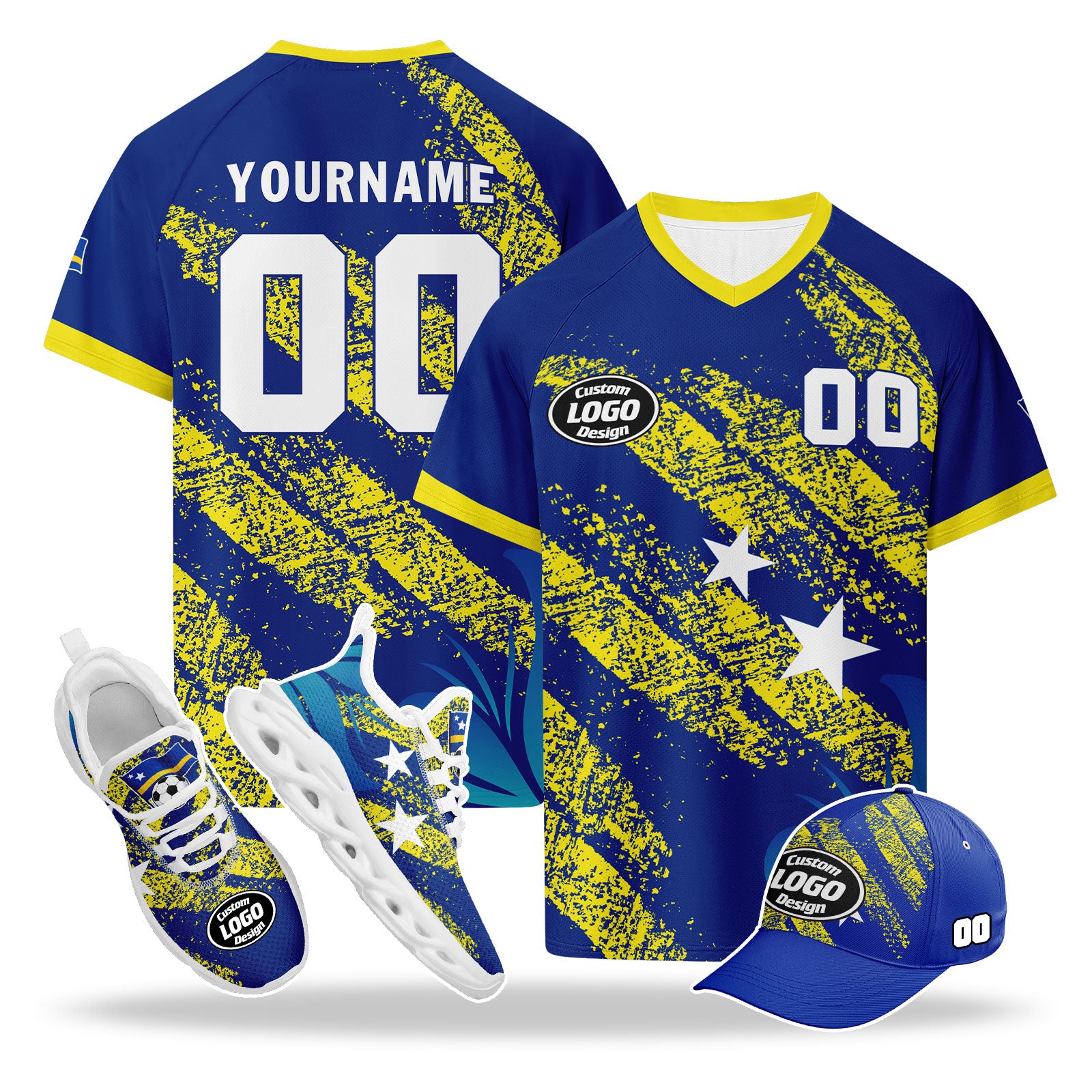 Custom Curaçao 2026 World Cup High Quality Soccer Stadium Version Jersey Sneakers Sports Shoes and Hat Combo Offer Personalized Team Name and Logo ZH-F025153-4