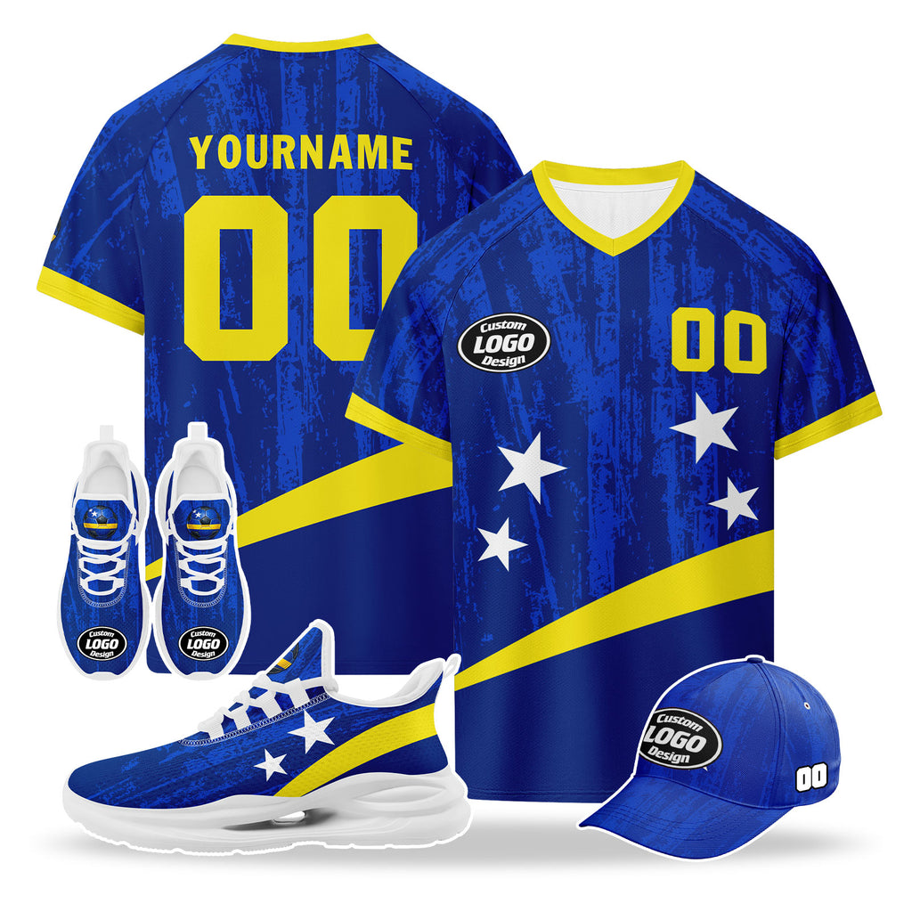 Custom Curaçao 2026 World Cup High Quality Soccer Stadium Version Jersey Sneakers Sports Shoes and Hat Combo Offer Personalized Team Name and Logo ZH-F025154-2