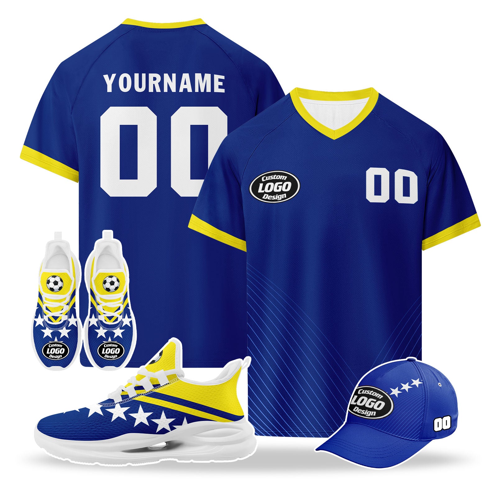 Custom Curaçao 2026 World Cup High Quality Soccer Stadium Version Jersey Sneakers Sports Shoes and Hat Combo Offer Personalized Team Name and Logo ZH-F025154-5
