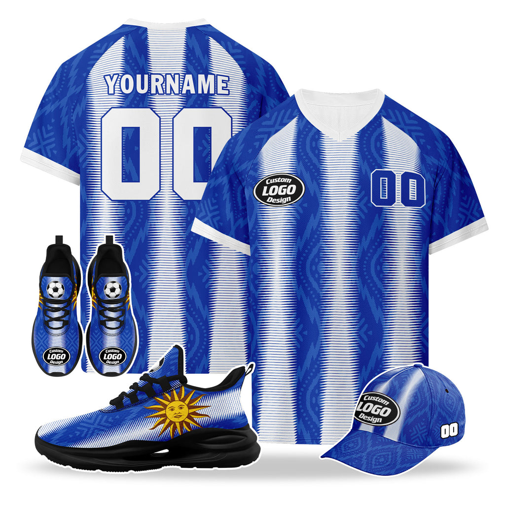 Custom Uruguay 2026 World Cup High Quality Soccer Stadium Version Jersey Sneakers Sports Shoes and Hat Combo Offer Personalized Team Name and Logo ZH-F025155-1