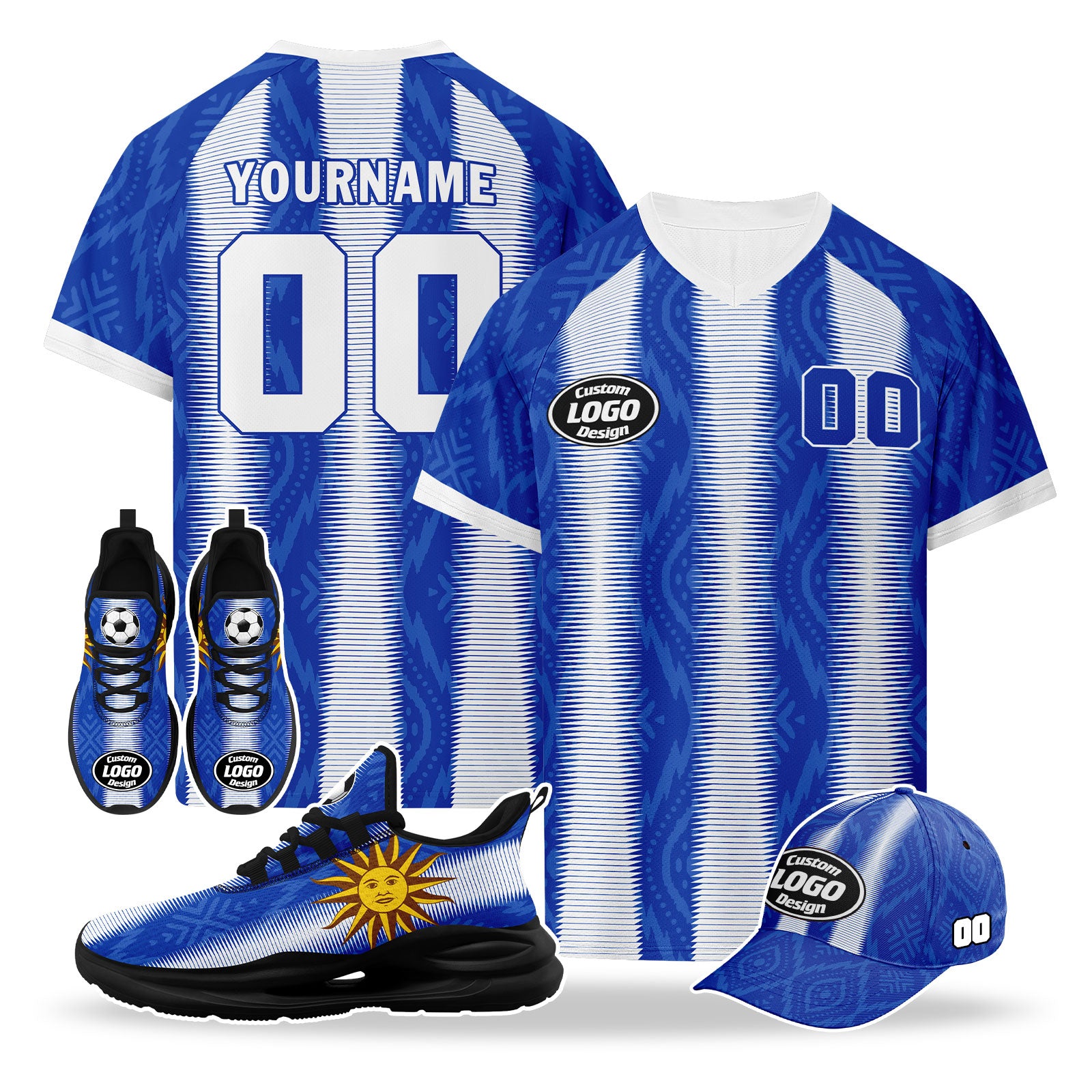 Custom Uruguay 2026 World Cup High Quality Soccer Stadium Version Jersey Sneakers Sports Shoes and Hat Combo Offer Personalized Team Name and Logo ZH-F025155-1