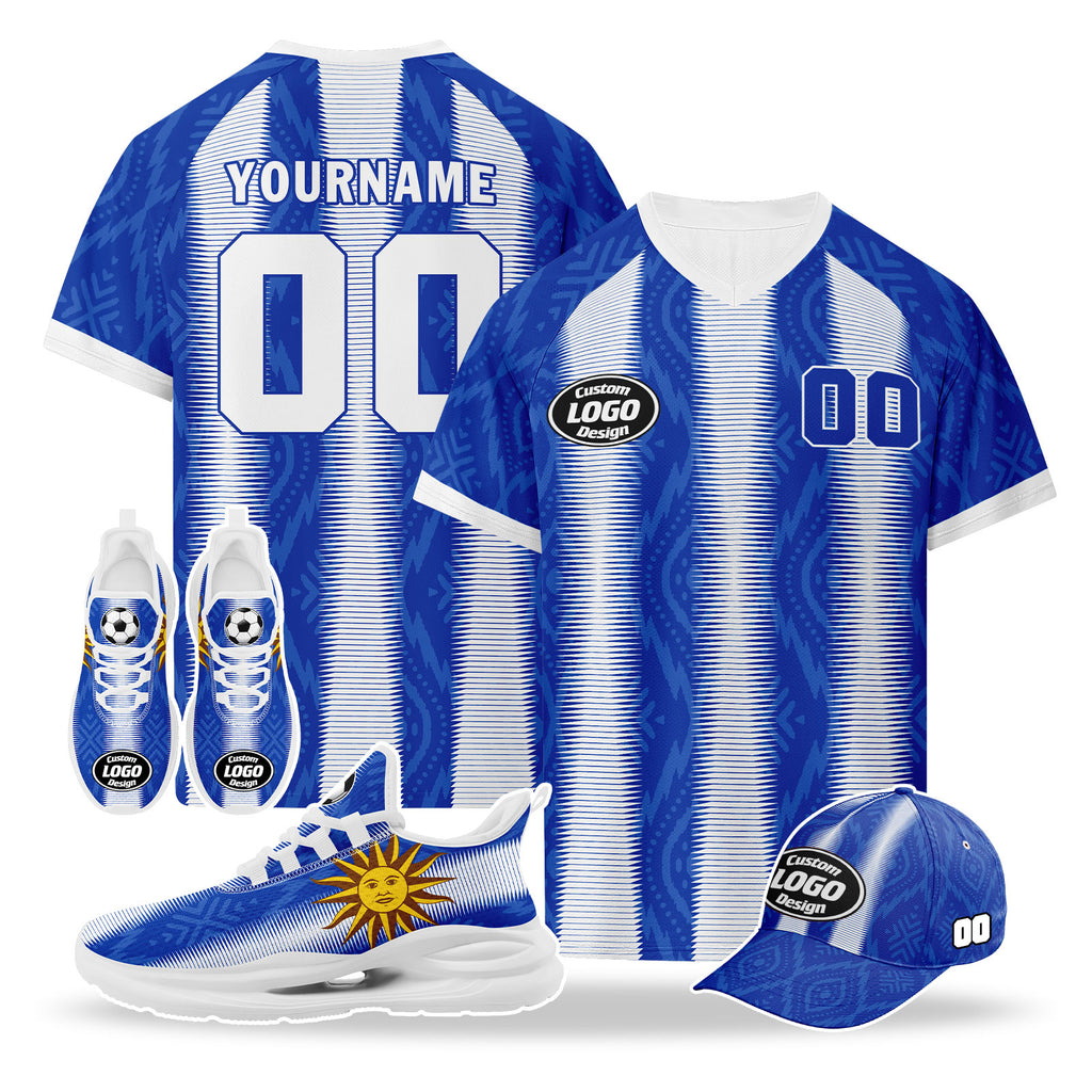 Custom Uruguay 2026 World Cup High Quality Soccer Stadium Version Jersey Sneakers Sports Shoes and Hat Combo Offer Personalized Team Name and Logo ZH-F025155-1