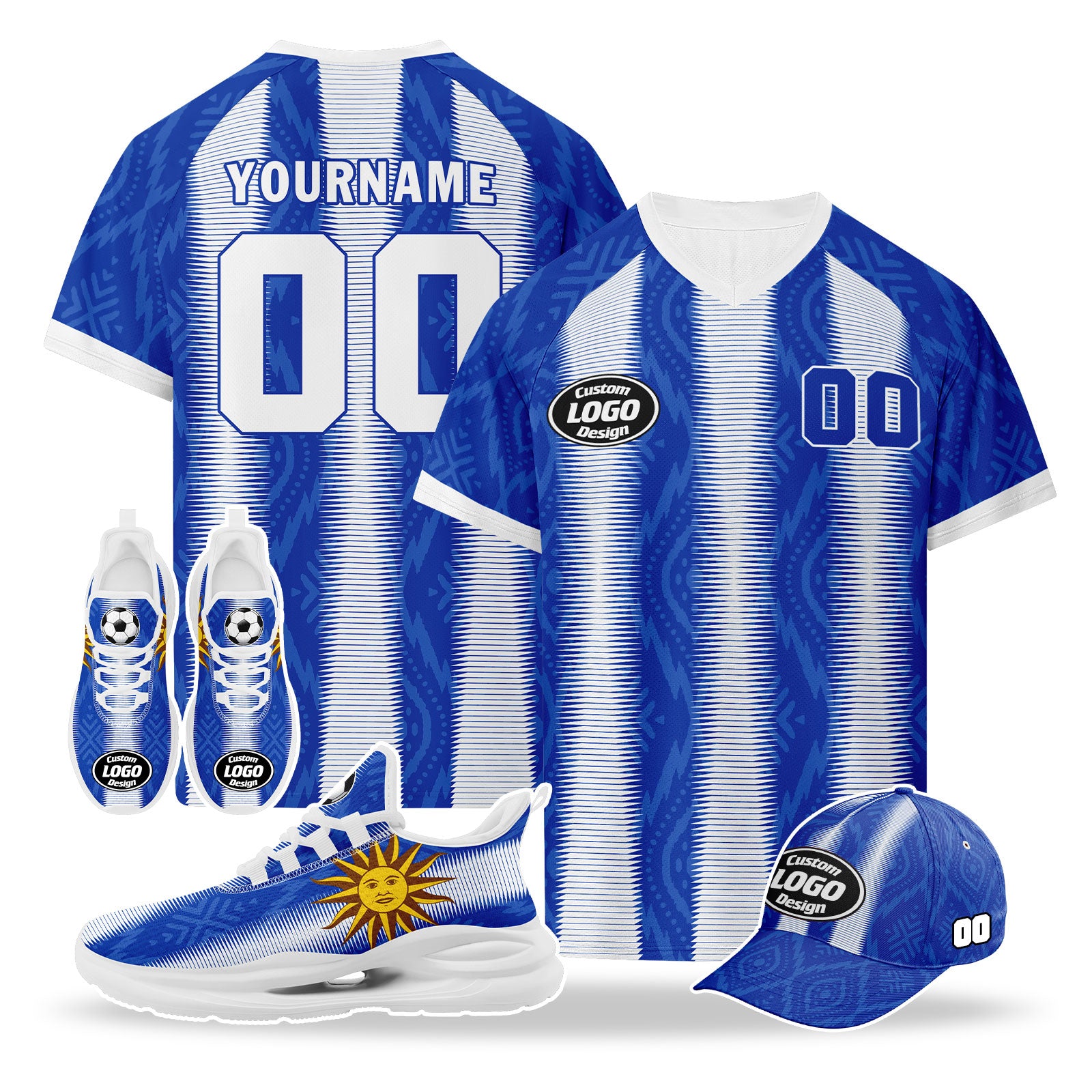 Custom Uruguay 2026 World Cup High Quality Soccer Stadium Version Jersey Sneakers Sports Shoes and Hat Combo Offer Personalized Team Name and Logo ZH-F025155-1