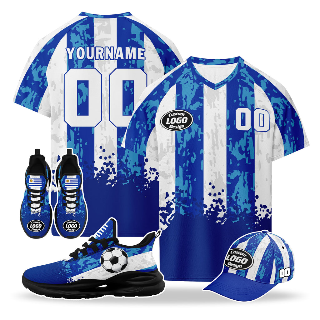 Custom Uruguay 2026 World Cup High Quality Soccer Stadium Version Jersey Sneakers Sports Shoes and Hat Combo Offer Personalized Team Name and Logo ZH-F025155-2