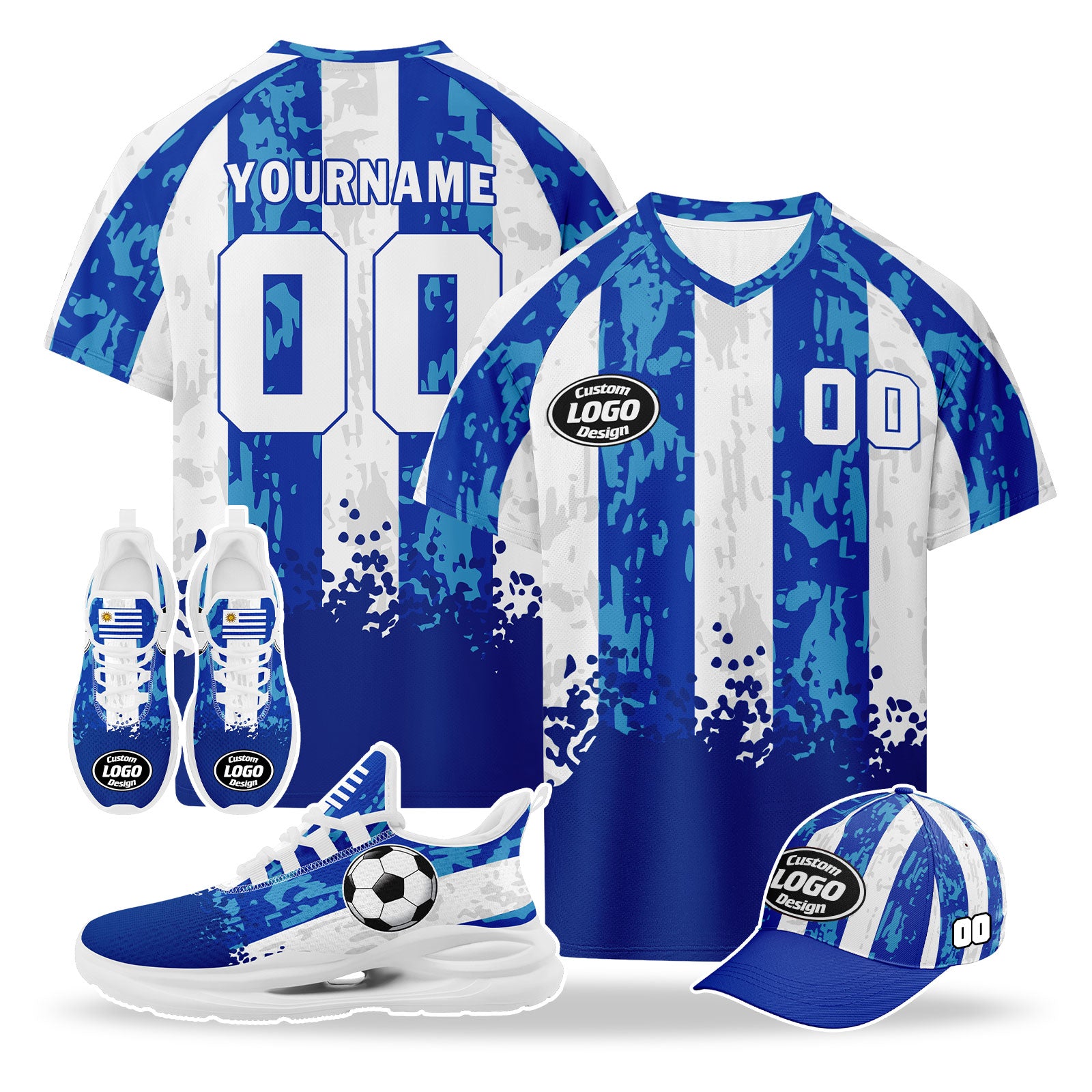 Custom Uruguay 2026 World Cup High Quality Soccer Stadium Version Jersey Sneakers Sports Shoes and Hat Combo Offer Personalized Team Name and Logo ZH-F025155-2