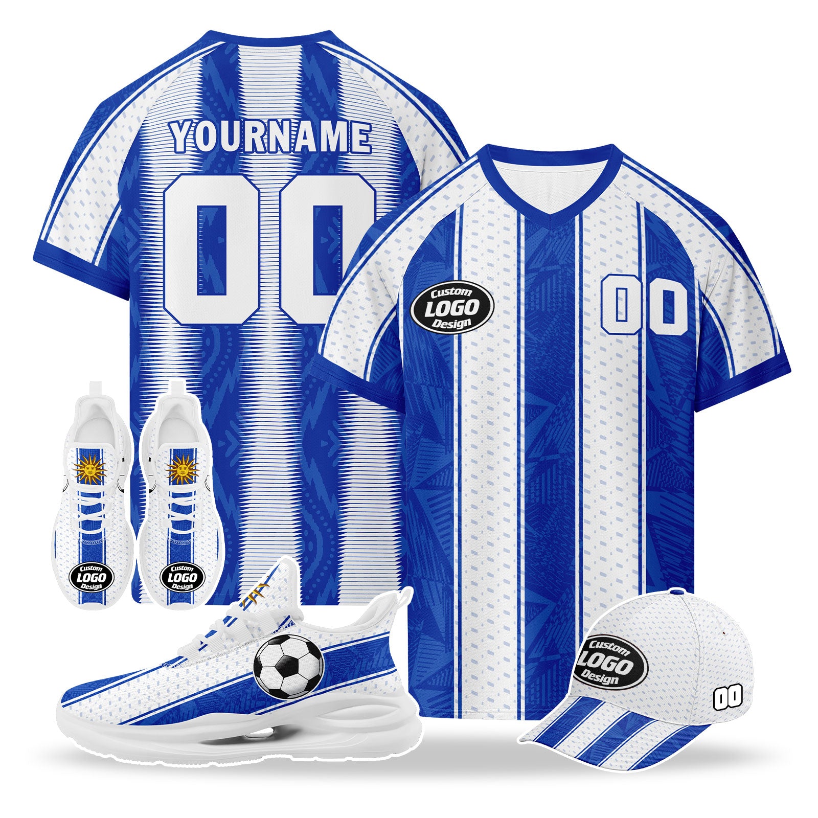 Custom Uruguay 2026 World Cup High Quality Soccer Stadium Version Jersey Sneakers Sports Shoes and Hat Combo Offer Personalized Team Name and Logo ZH-F025155-3
